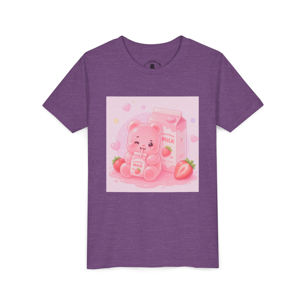 Kids' Pink Strawberry Milk Gooey Gummy Bear— Cute Youth Short Sleeve Shirt