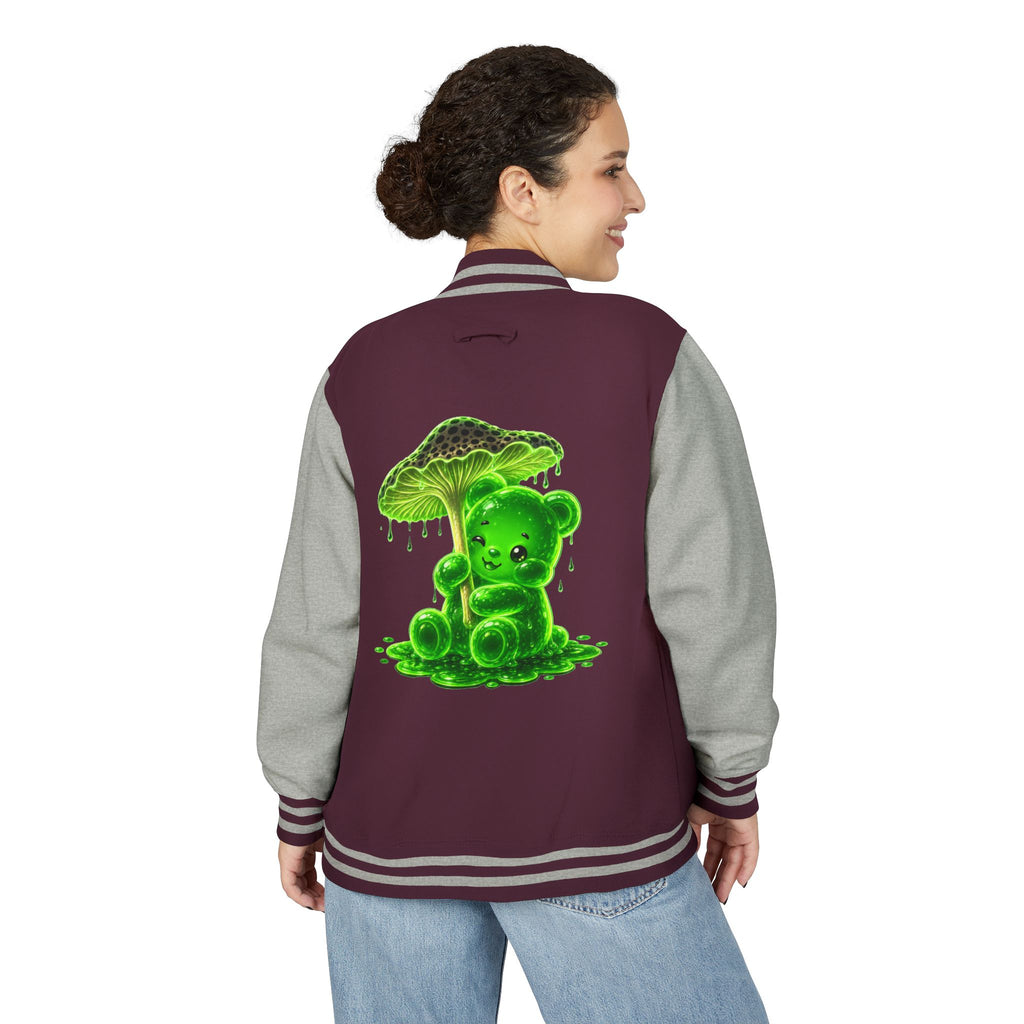 Glowing Green Mushroom, Gooey Gummy Bear Friend — Kawaii Graphic Varsity Jacket