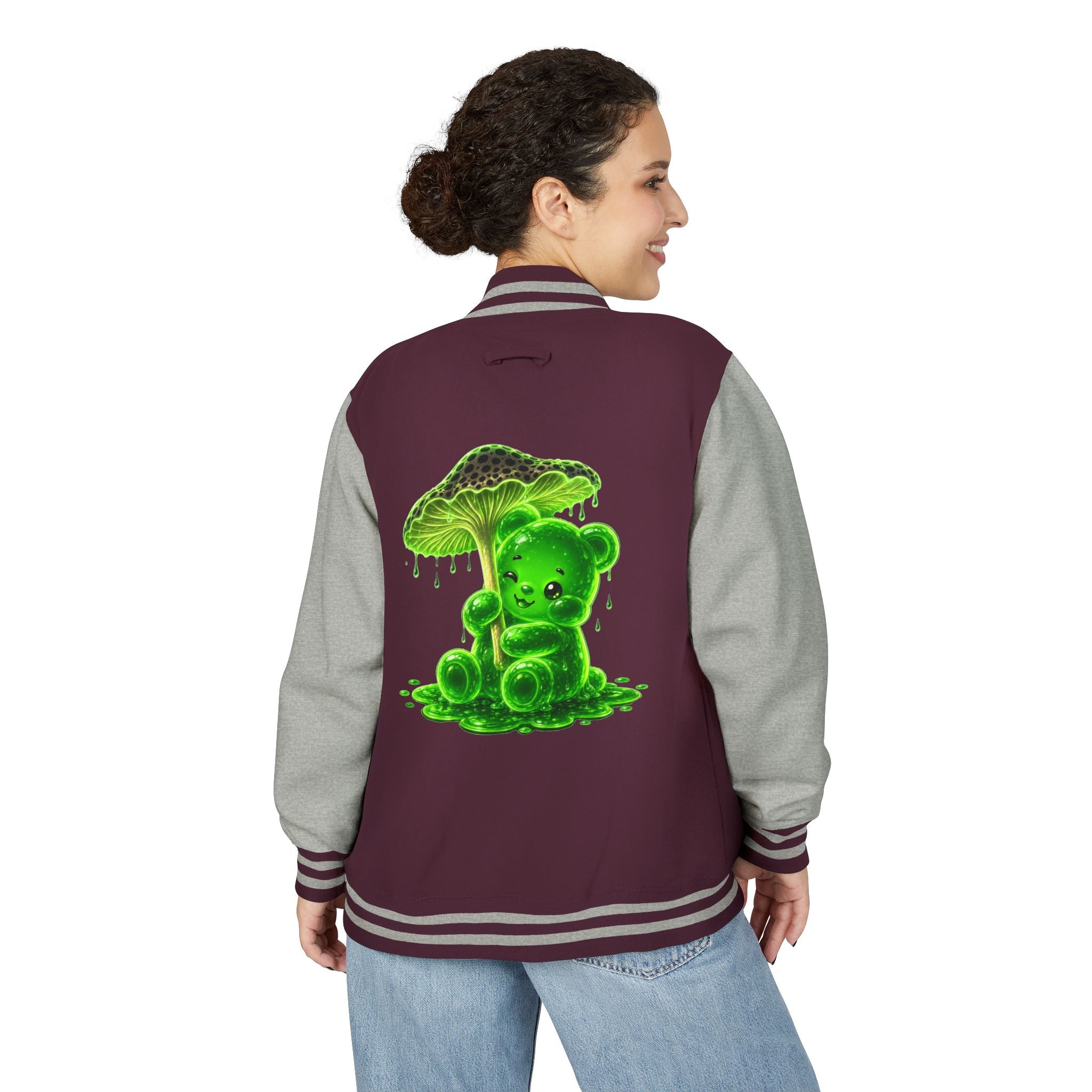 Glowing Green Mushroom, Gooey Gummy Bear Friend — Kawaii Graphic Varsity Jacket