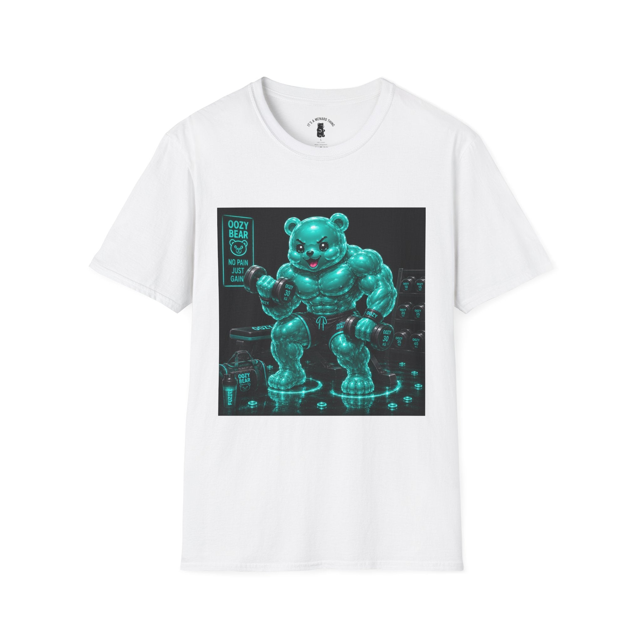 Working Out, Teal Oozy Buff Bear Gummy Gym Addition- Adult Graphic Shirt