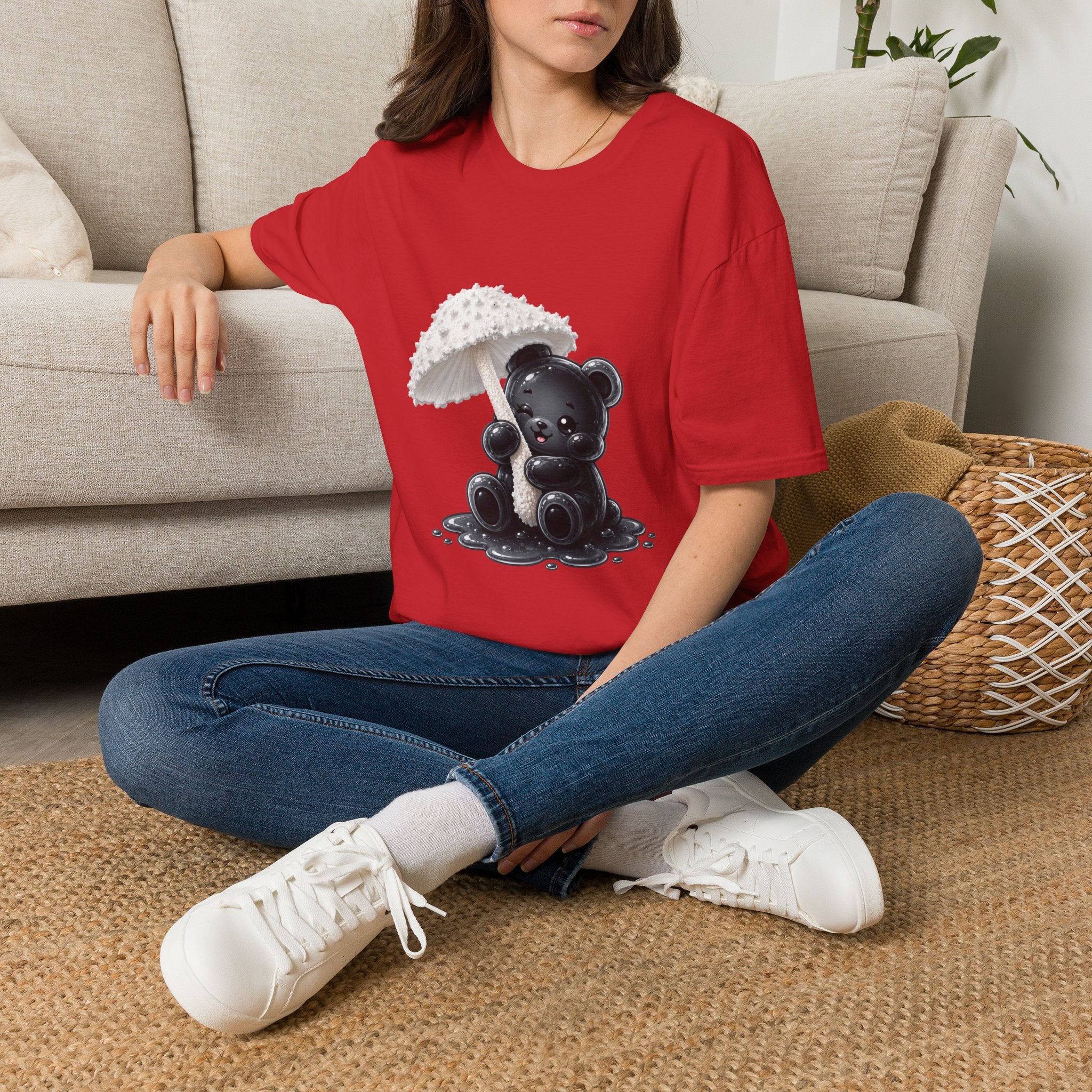 Beautiful Veiled White Mushroom, Black Oozy Bear Gummy Friend- Graphic Shirt