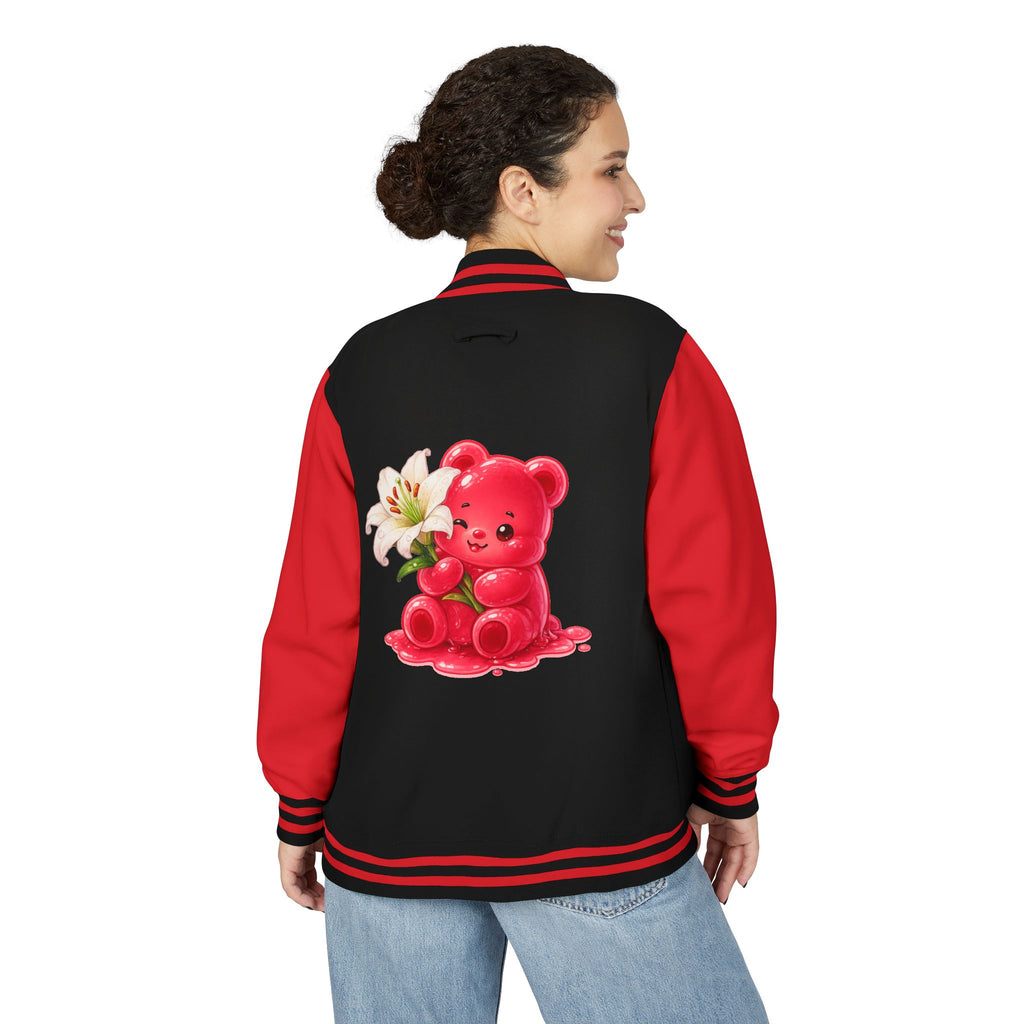 White Lilies, Red Gooey Gummy Friend — Kawaii Graphic Varsity Jacket