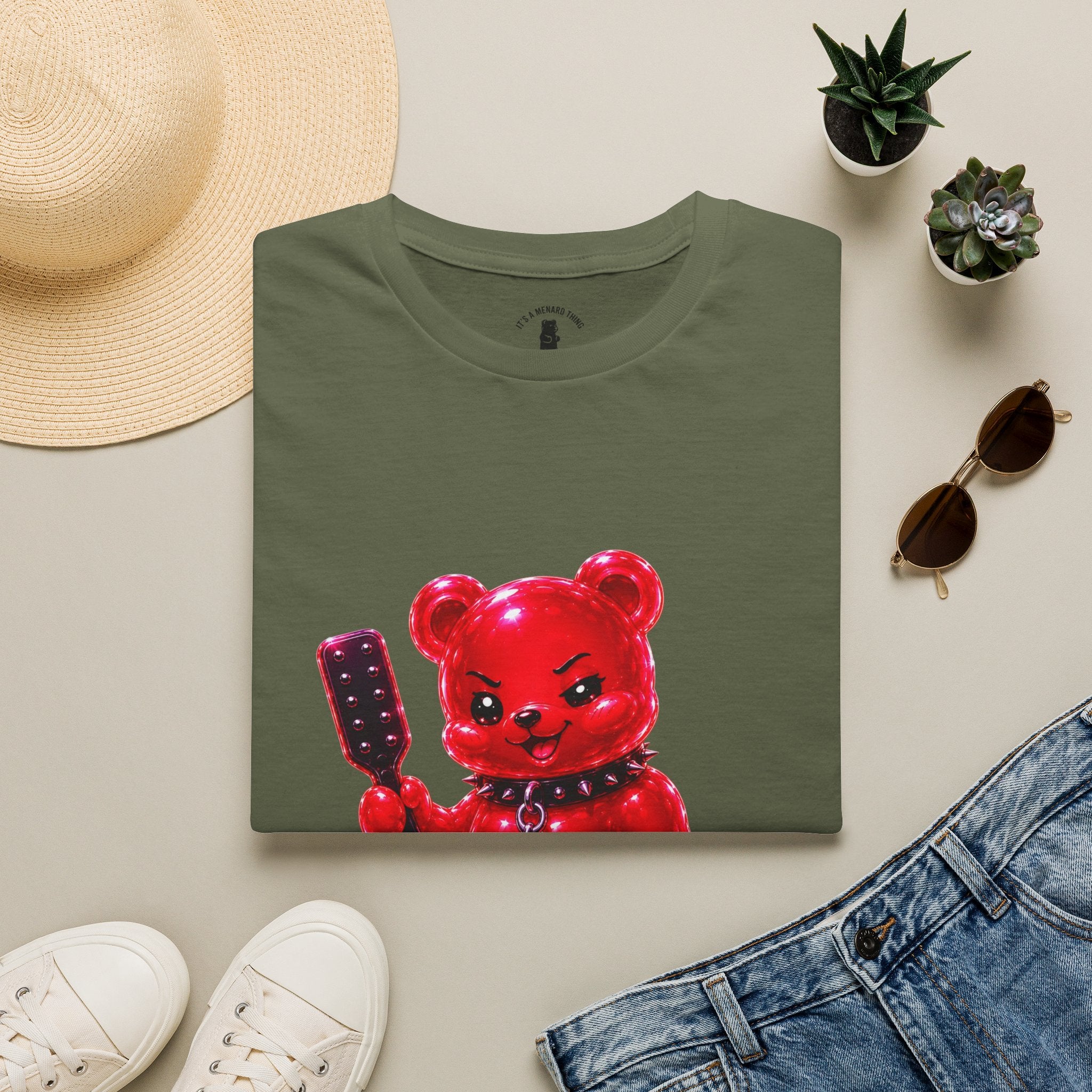 Crimson Red Oozy Bear Gummy Freak with Spank Paddle- Graphic Shirt (Adult Only!)