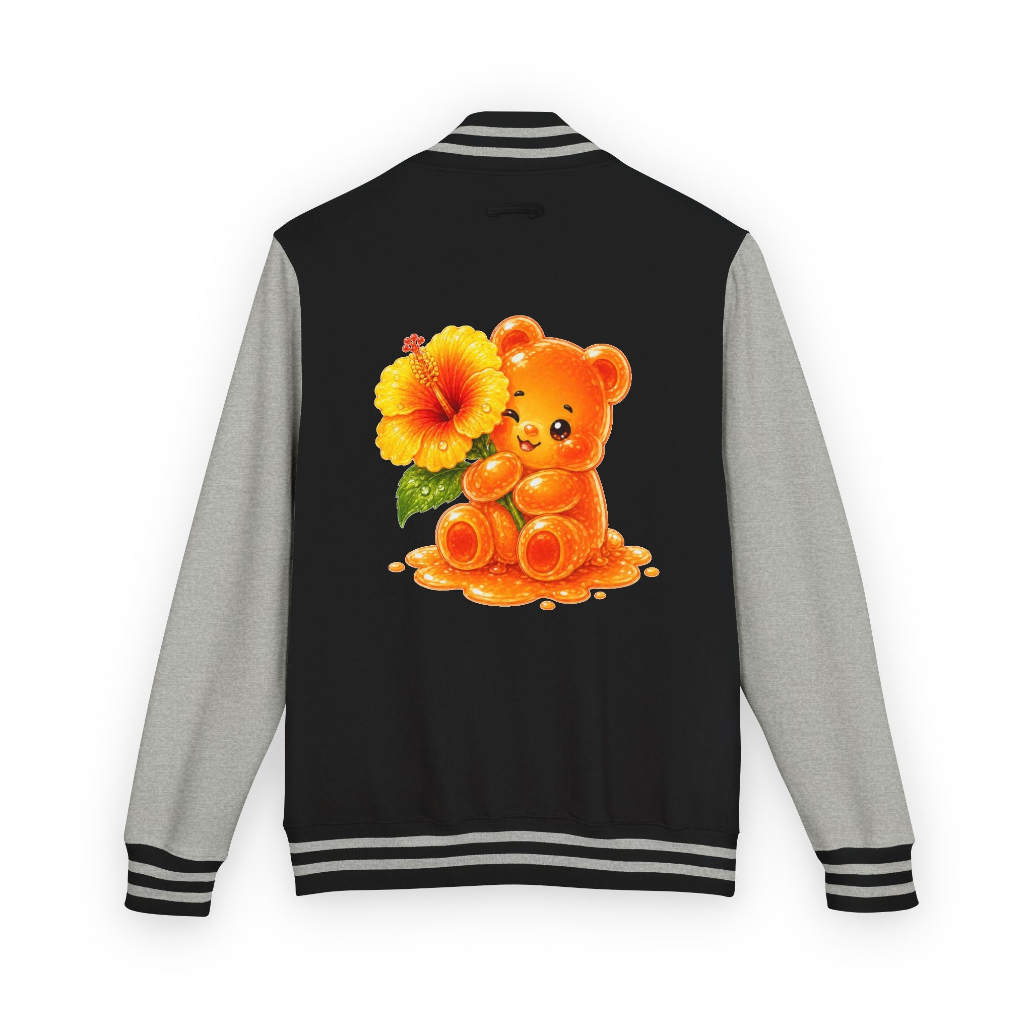 Golden Hibiscus, Yellow Gooey Gummy Bear Friend- Kawaii Varsity Jacket