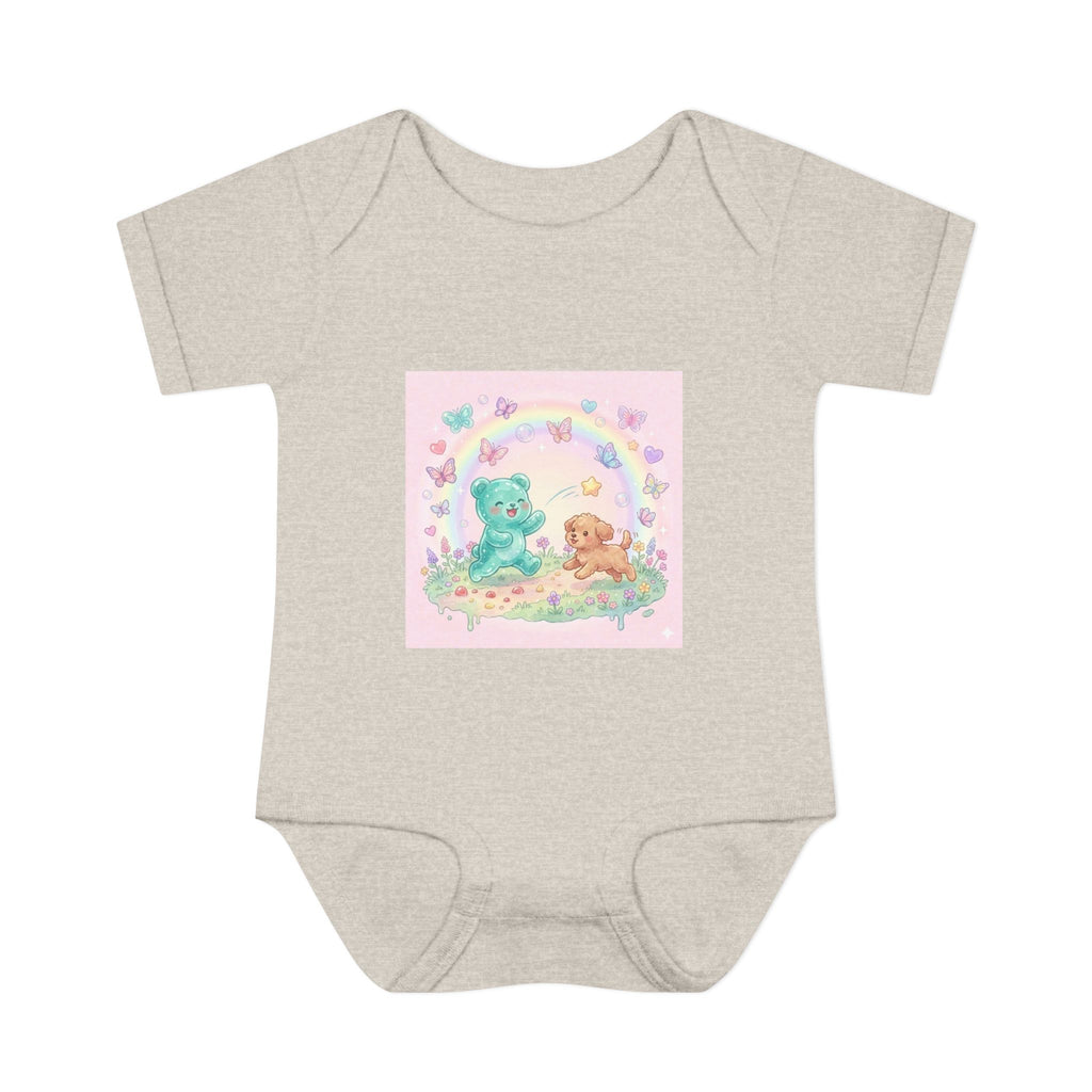 Gooey Gummy Playing Fetch with Puppy, Cute Infant Onesie