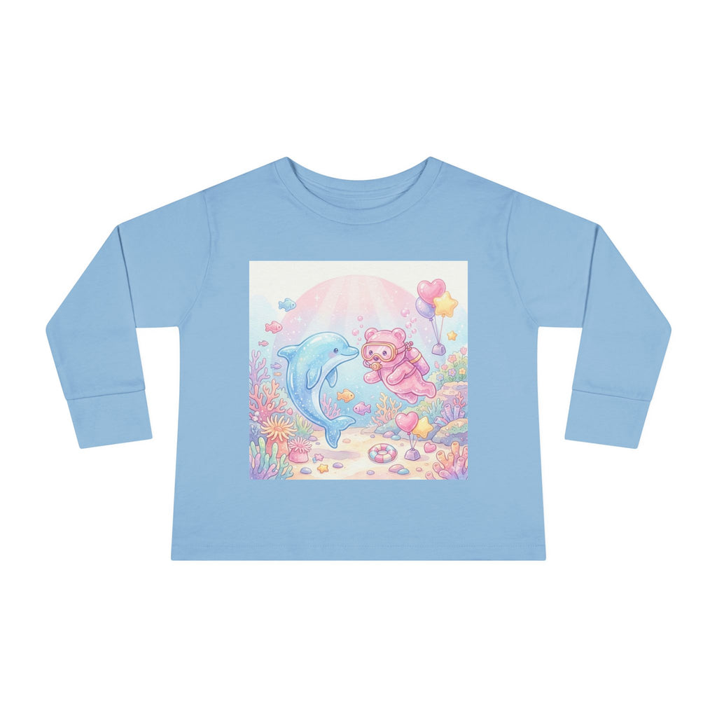 Cute Dolphin & Scuba Oozy Bear Pastel Underwater Friends- Graphic Long Sleeve Shirt