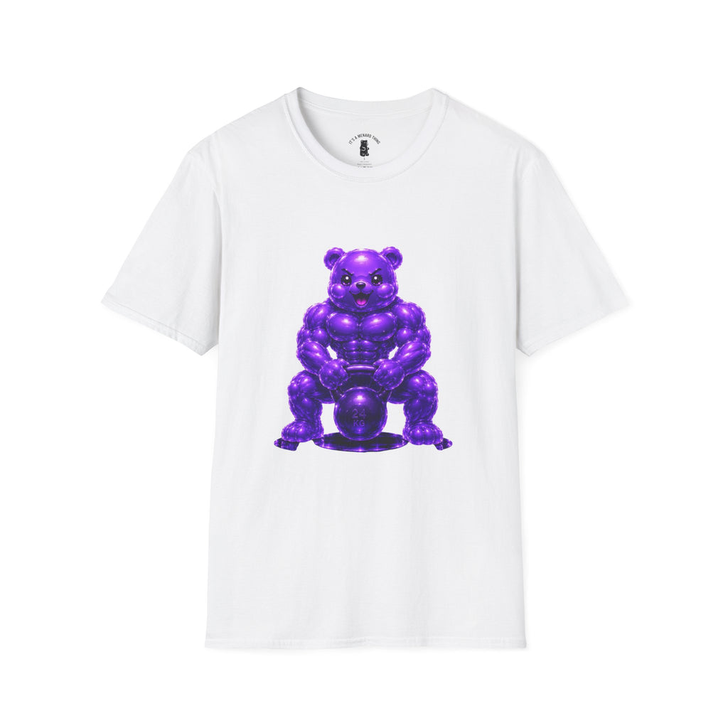 Brawny Violet Oozy Buff Bear with Kettleball Weight- Adult Graphic Shirt (18+)
