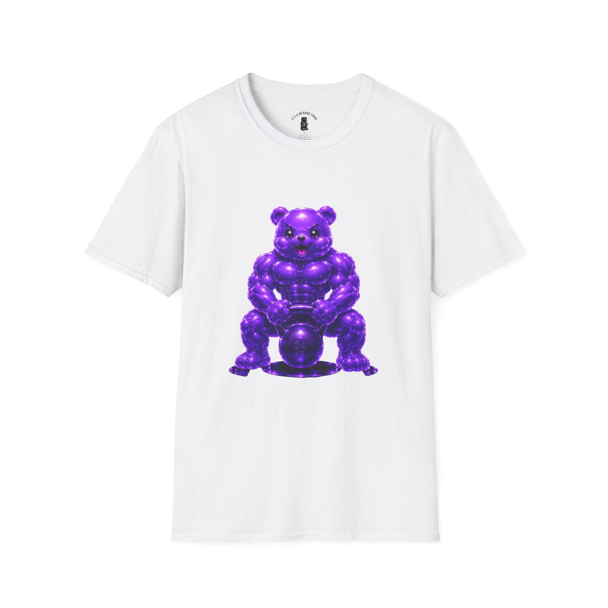 Brawny Violet Oozy Buff Bear with Kettleball Weight- Adult Graphic Shirt (18+)