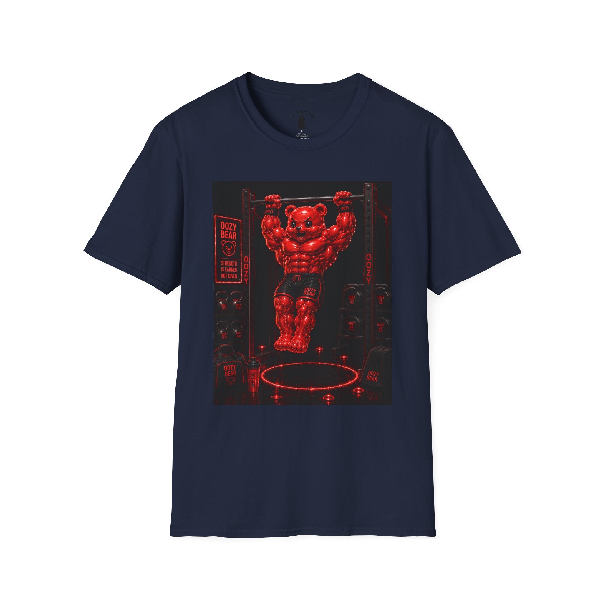 Bar Lifting Fitness Workout, Crimson Oozy Buff Bear Gummy Gym Addition- Adult Graphic Shirt