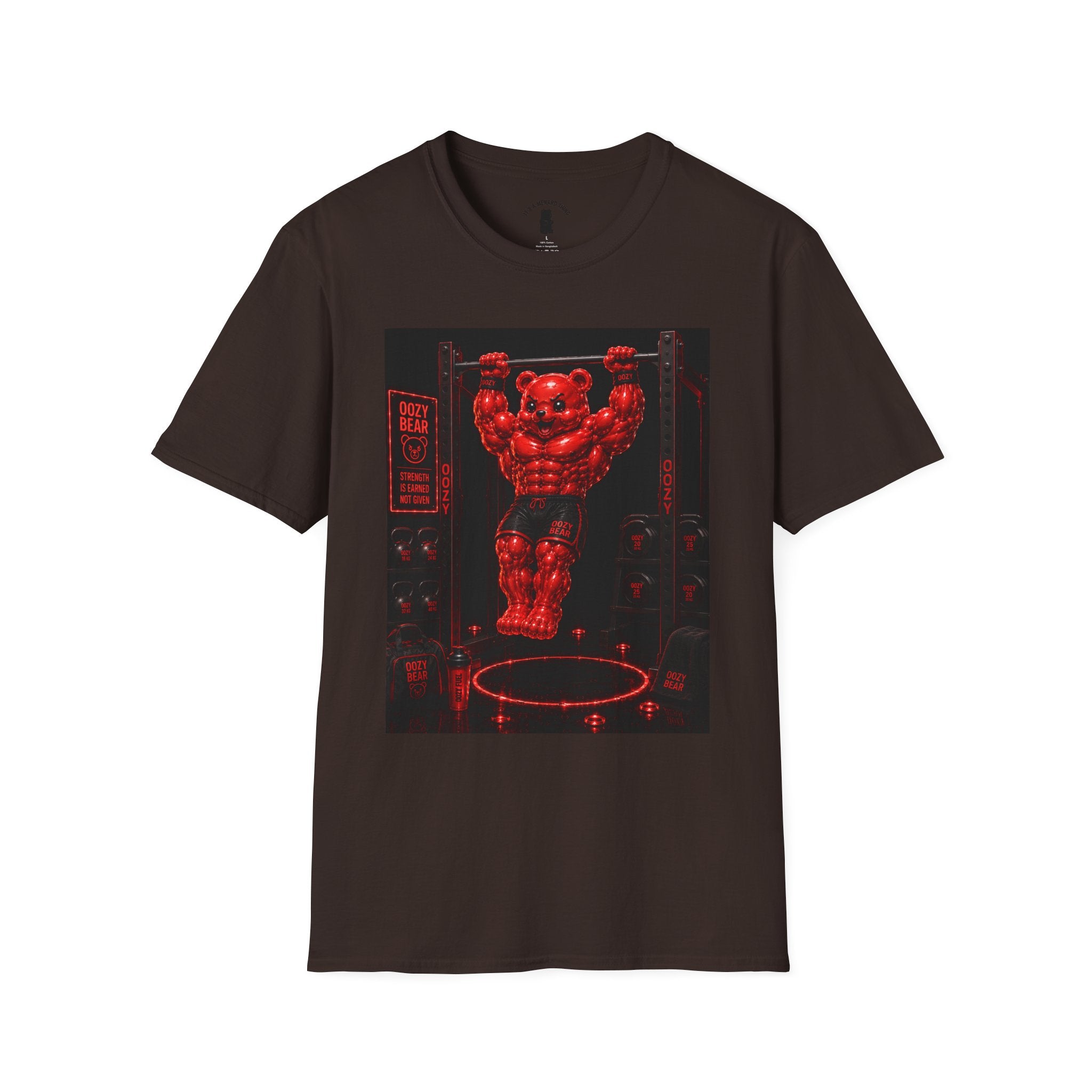 Bar Lifting Fitness Workout, Crimson Oozy Buff Bear Gummy Gym Addition- Adult Graphic Shirt