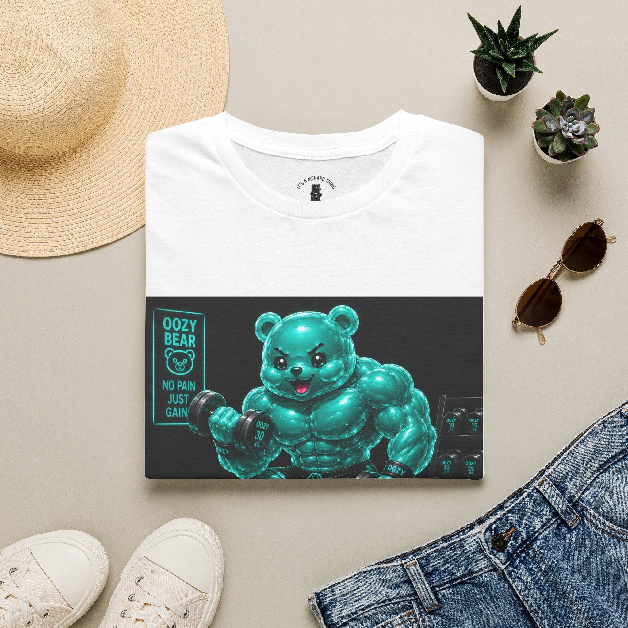 Working Out, Teal Oozy Buff Bear Gummy Gym Addition- Adult Graphic Shirt
