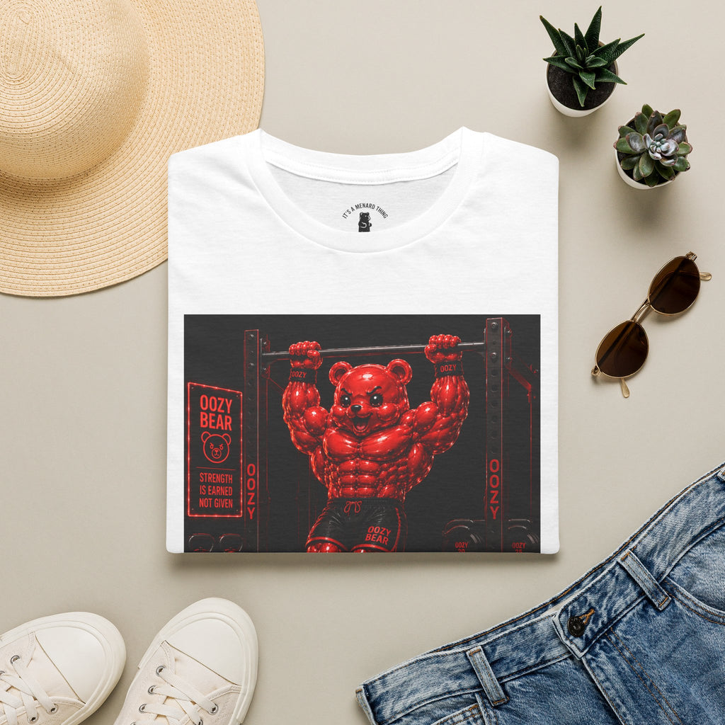 Bar Lifting Fitness Workout, Crimson Oozy Buff Bear Gummy Gym Addition- Adult Graphic Shirt