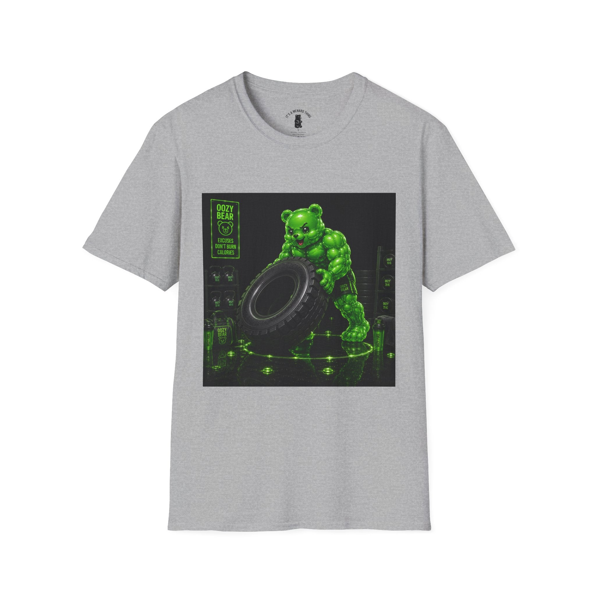Tire Flipping Work Out, Emerald Oozy Buff Bear Gym Addition- Adult Graphic Shirt