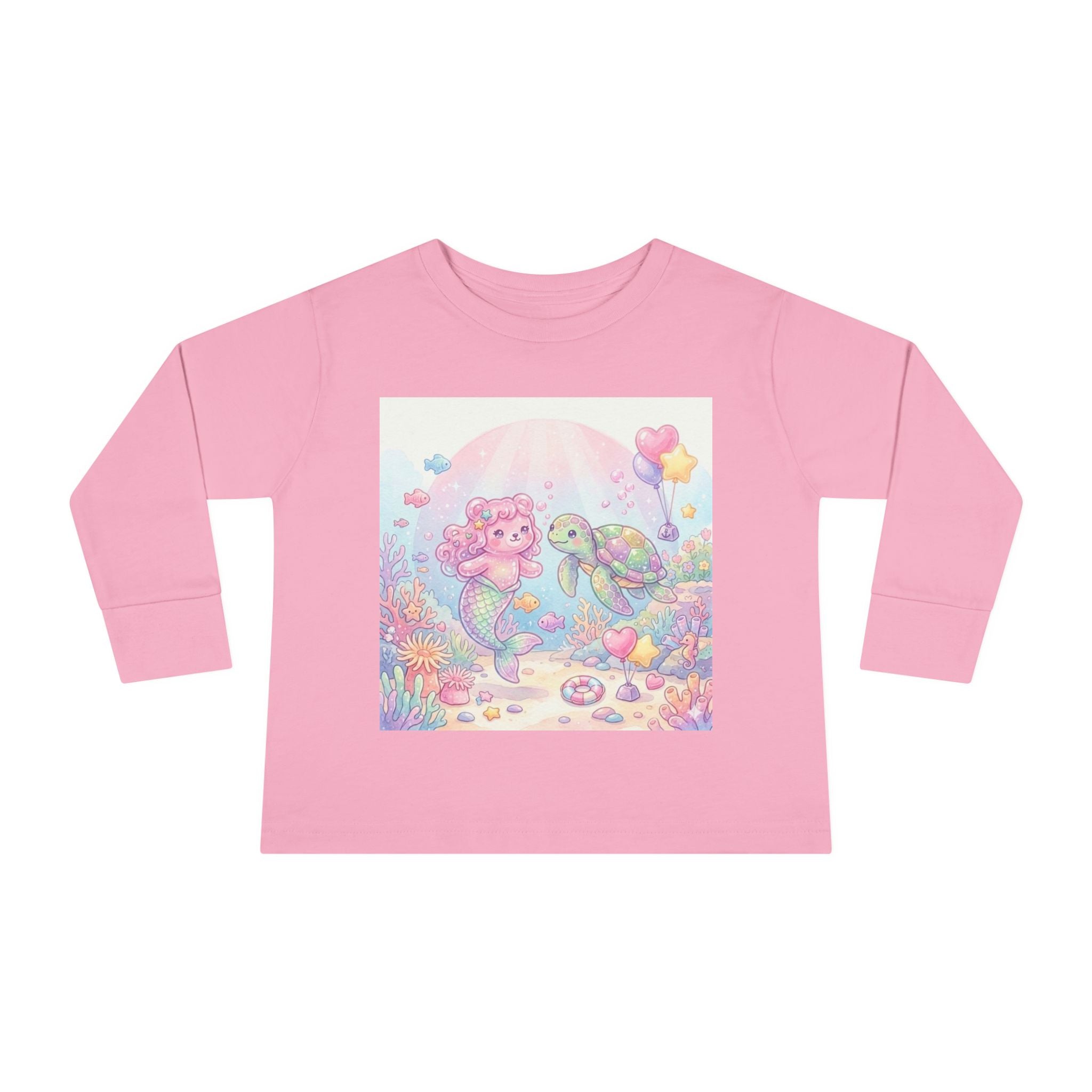 Pastel Oozy Bear Mermaid & Sea Turtle Cute Friends- Graphic Long Sleeve Shirt
