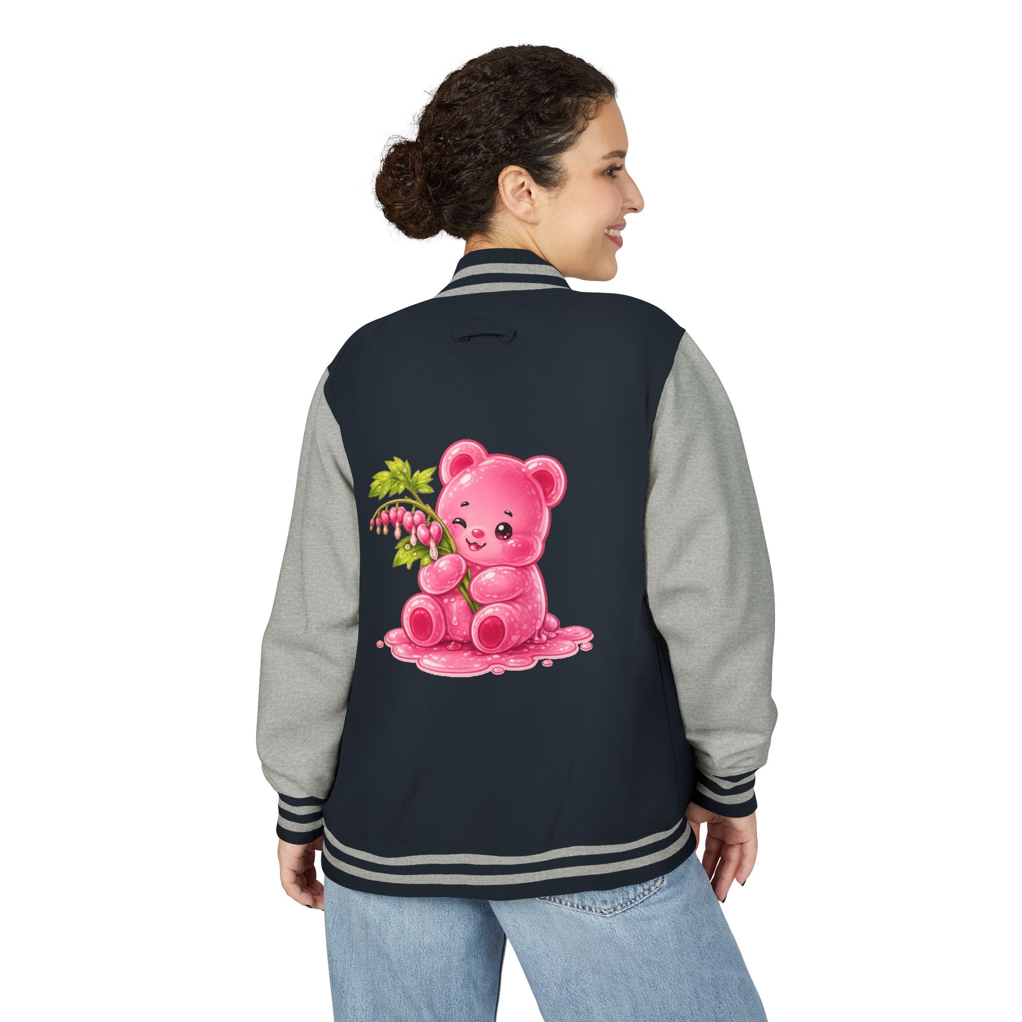 Bleeding Hearts, Pink Gooey Gummy Bear Friend  — Retro Varsity Coat