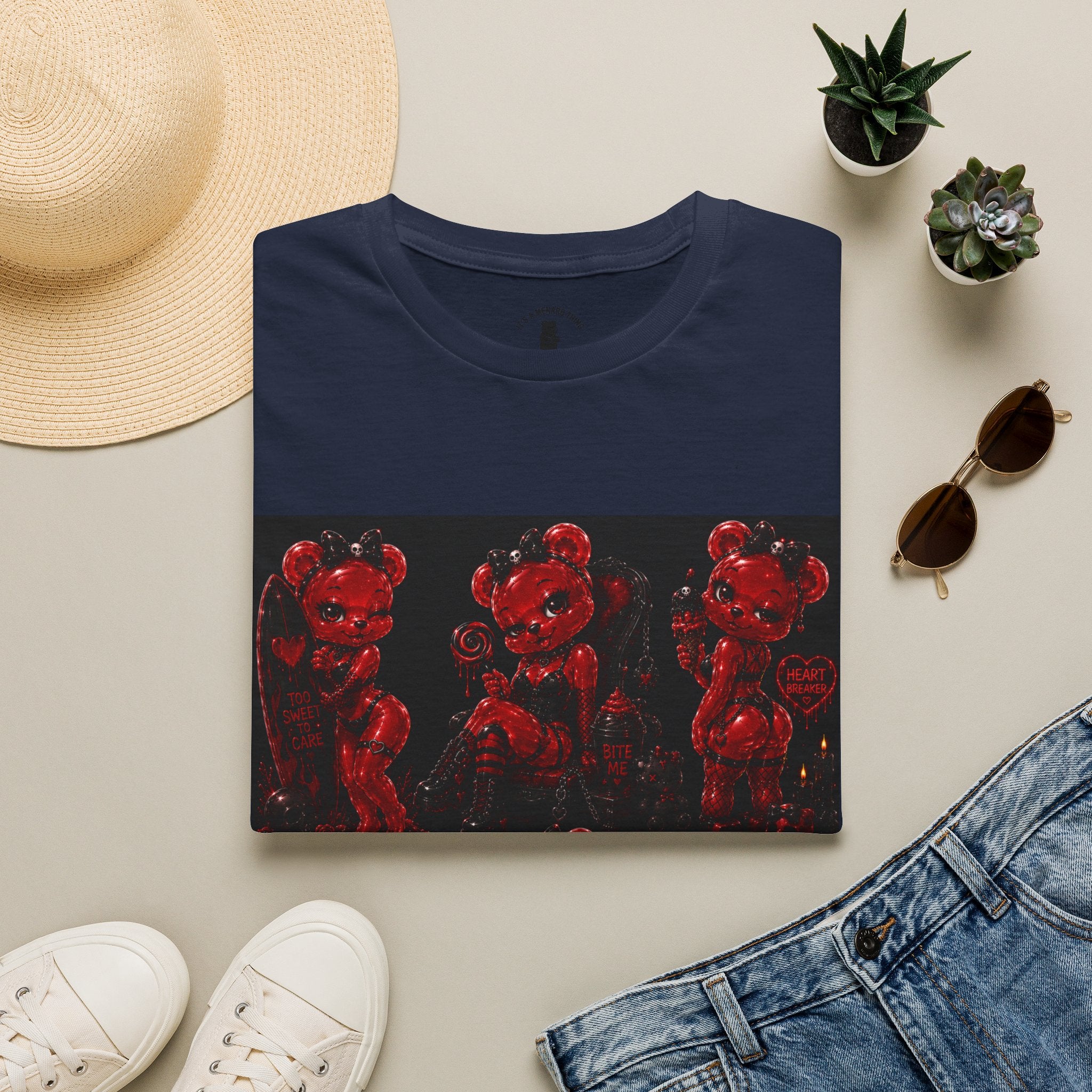 Punk Retro Crimson Red Oozy Bear Babe, Beach Pin Up Addition- Adult Graphic Shirt (18+)