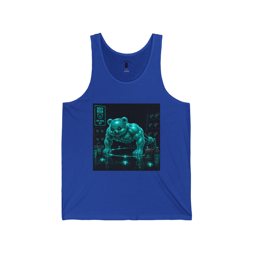 Doing Push Ups, Working Out Teal Oozy Buff Bear Gummy- Adult Graphic Tank Top