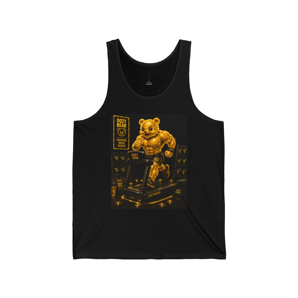 Running On Treadmill, Working Out Golden Yellow Oozy Buff Bear Gummy Gym Addition- Adult Graphic Tank Top