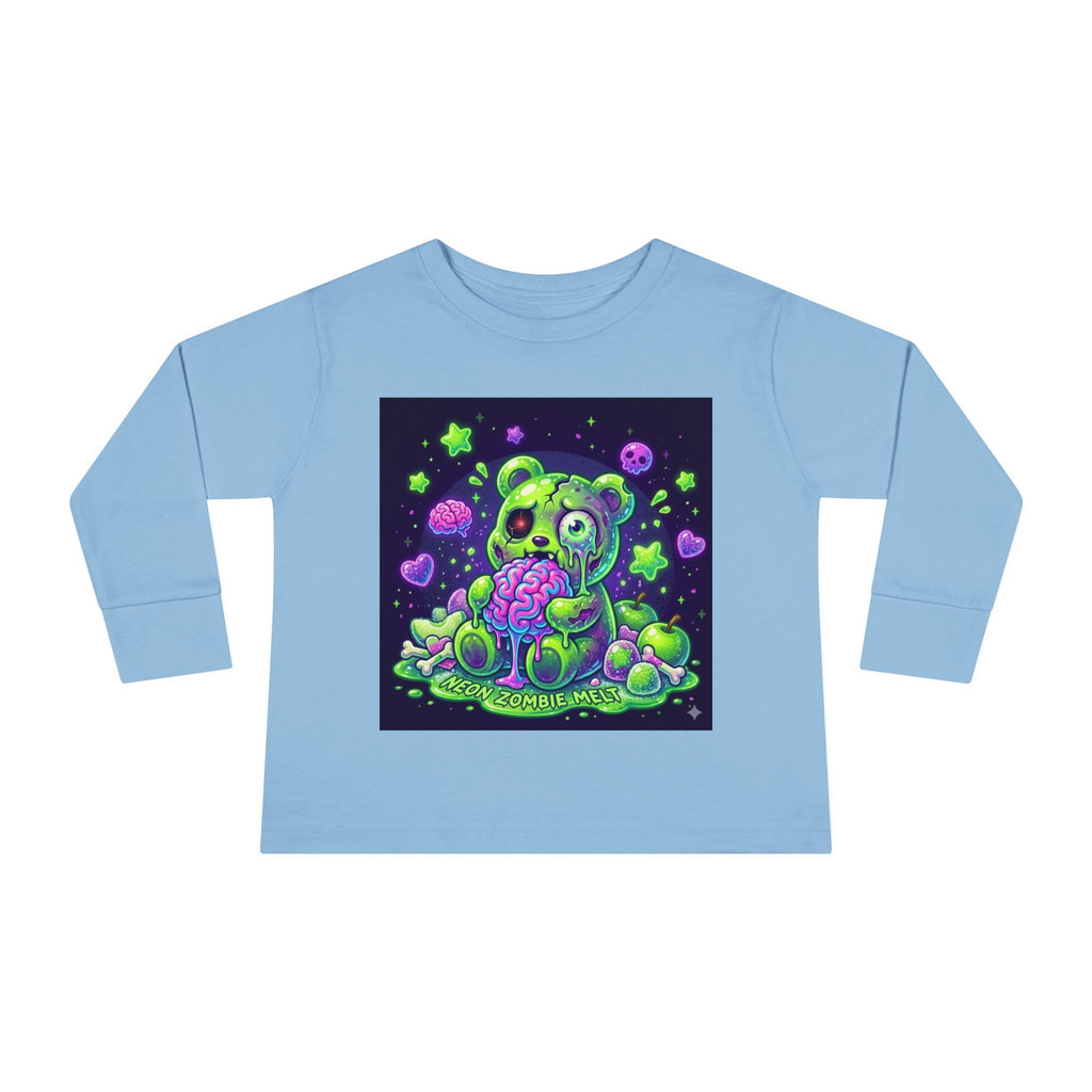 Neon Zombie Oozy Bear Gummy Halloween Addition- Kids Graphic Long Sleeve Shirt