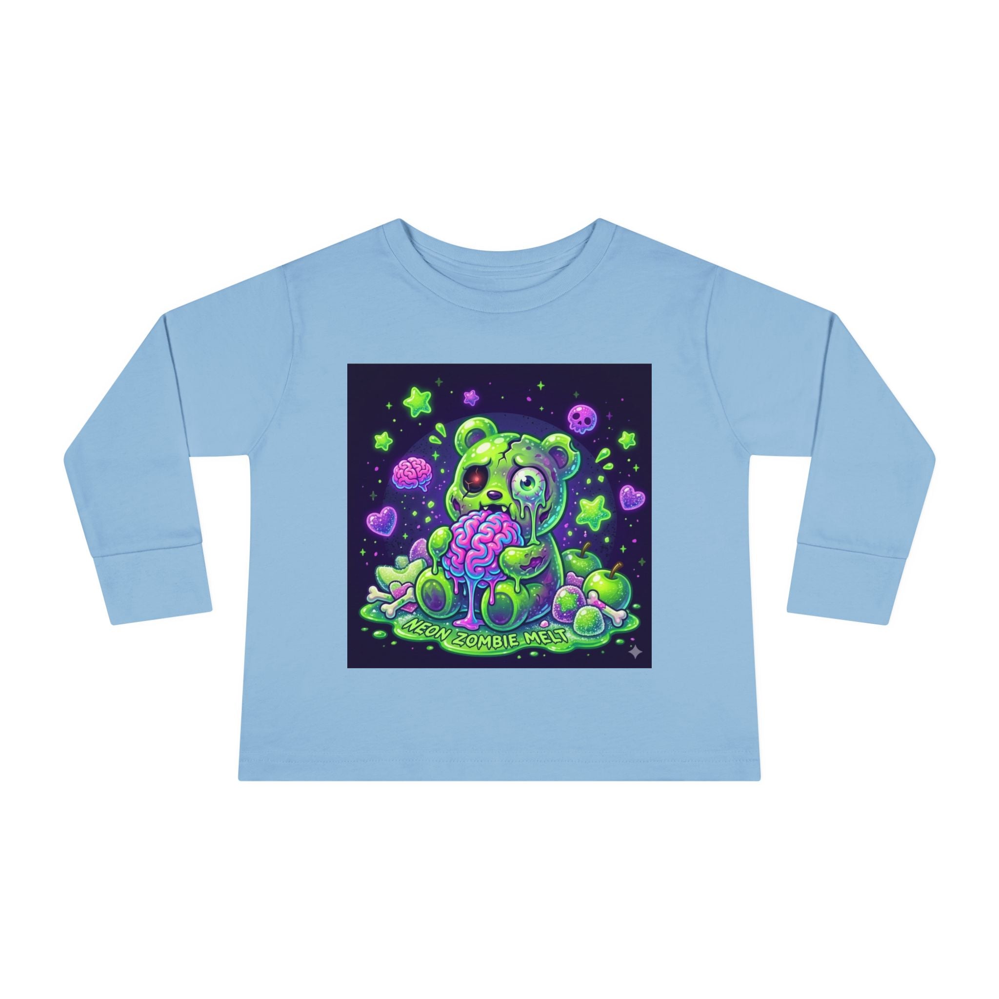 Neon Zombie Oozy Bear Gummy Halloween Addition- Kids Graphic Long Sleeve Shirt