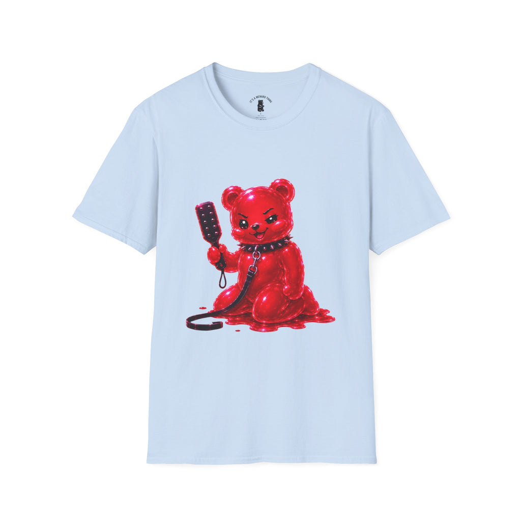 Crimson Red Oozy Bear Gummy Freak with Spank Paddle- Graphic Shirt (Adult Only!)
