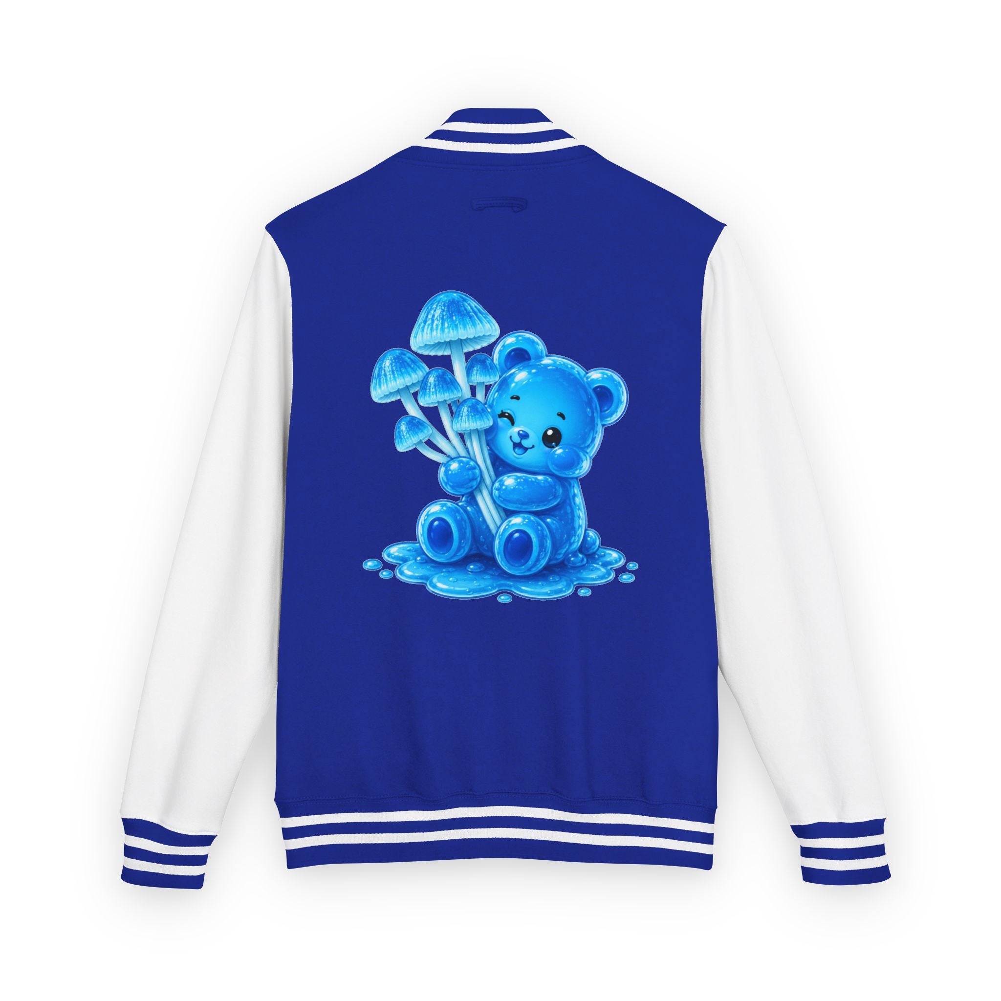 Pretty Blue Mushrooms, Gooey Gummy Bear Friend — Kawaii Graphic Varsity Jacket