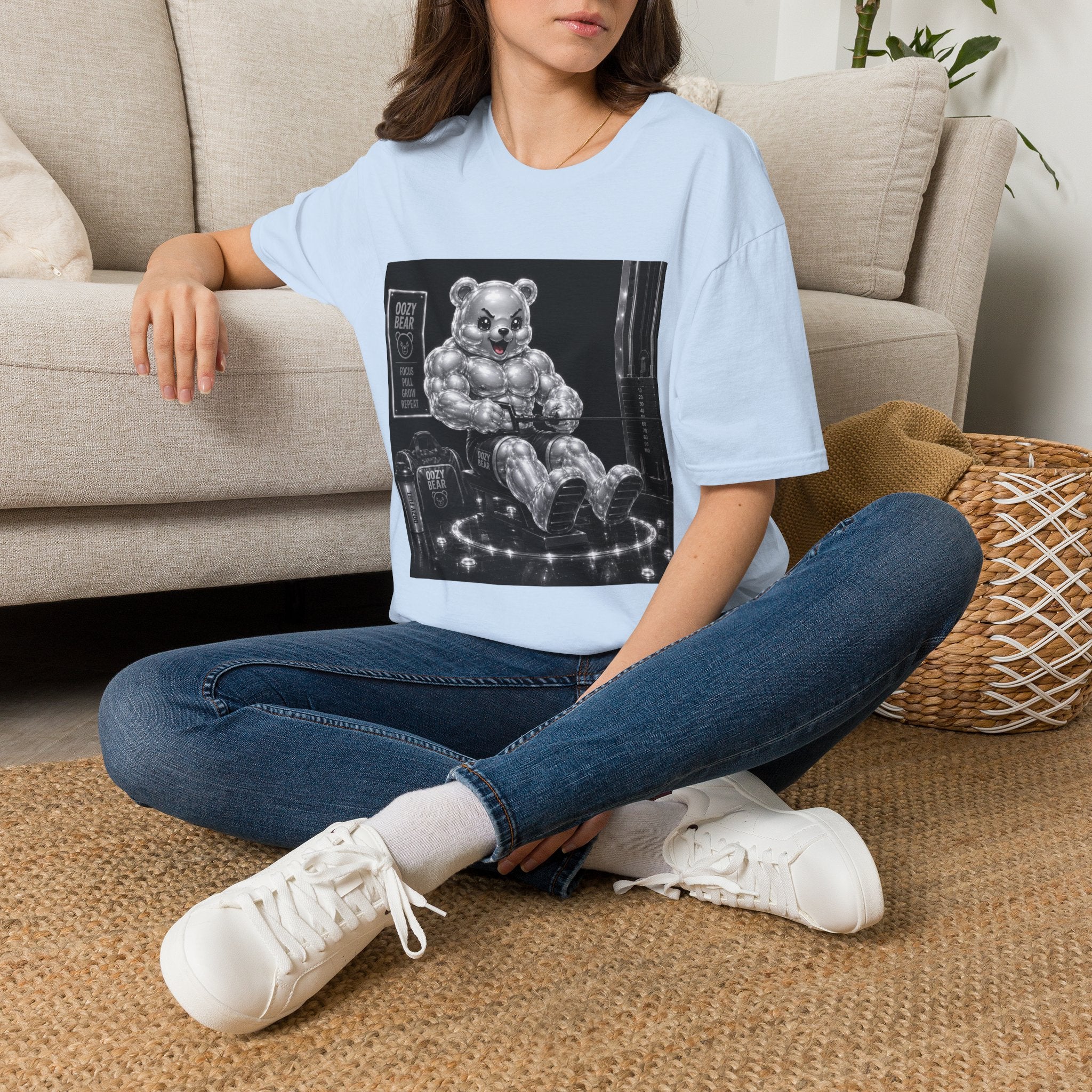 Working on the Bench, Silver Oozy Buff Bear Gummy Gym Addition- Adult Graphic Shirt