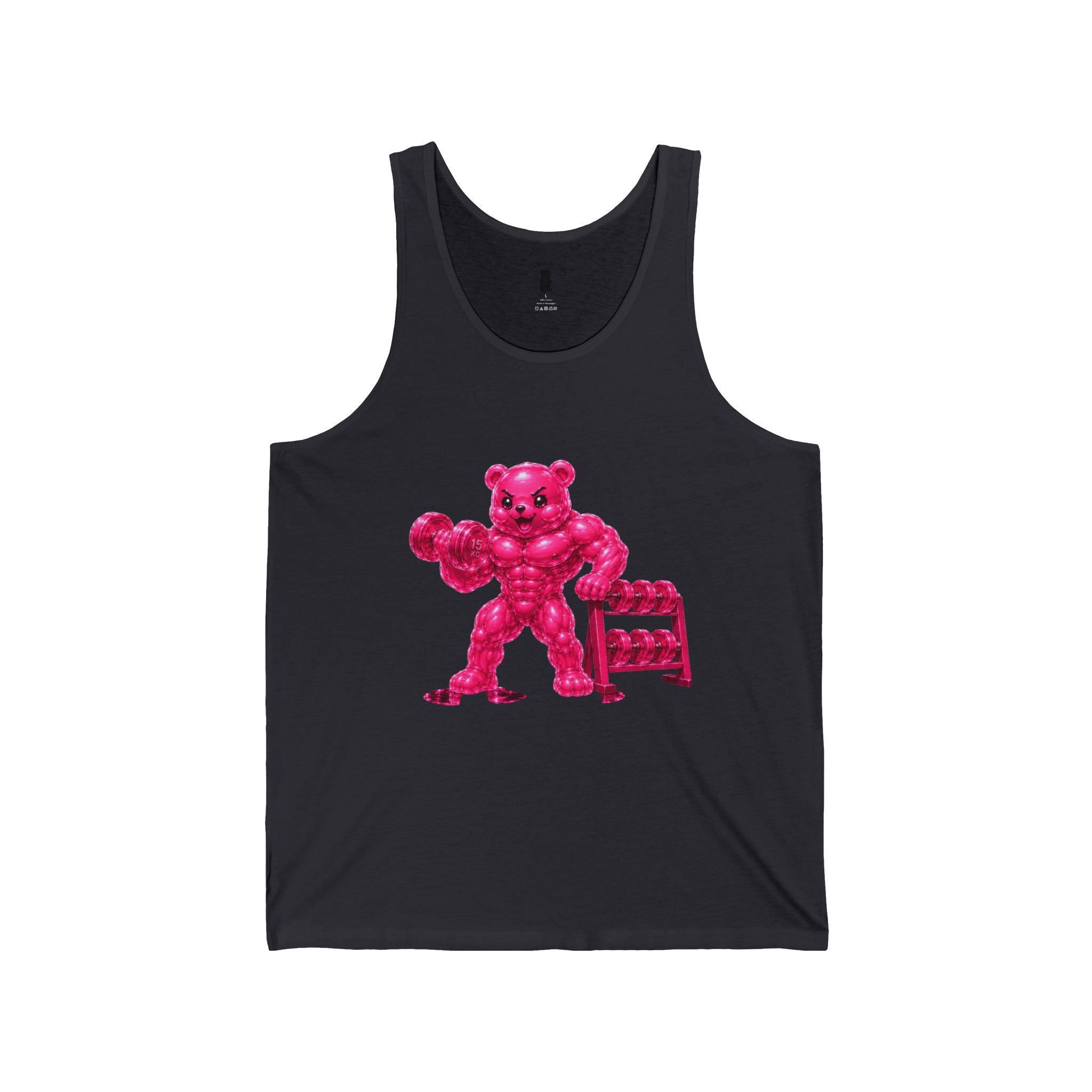 Fitness Work Out, Neon Pink Oozy Buff Bear Gummy Gym Addition- Adult Graphic Tank Top