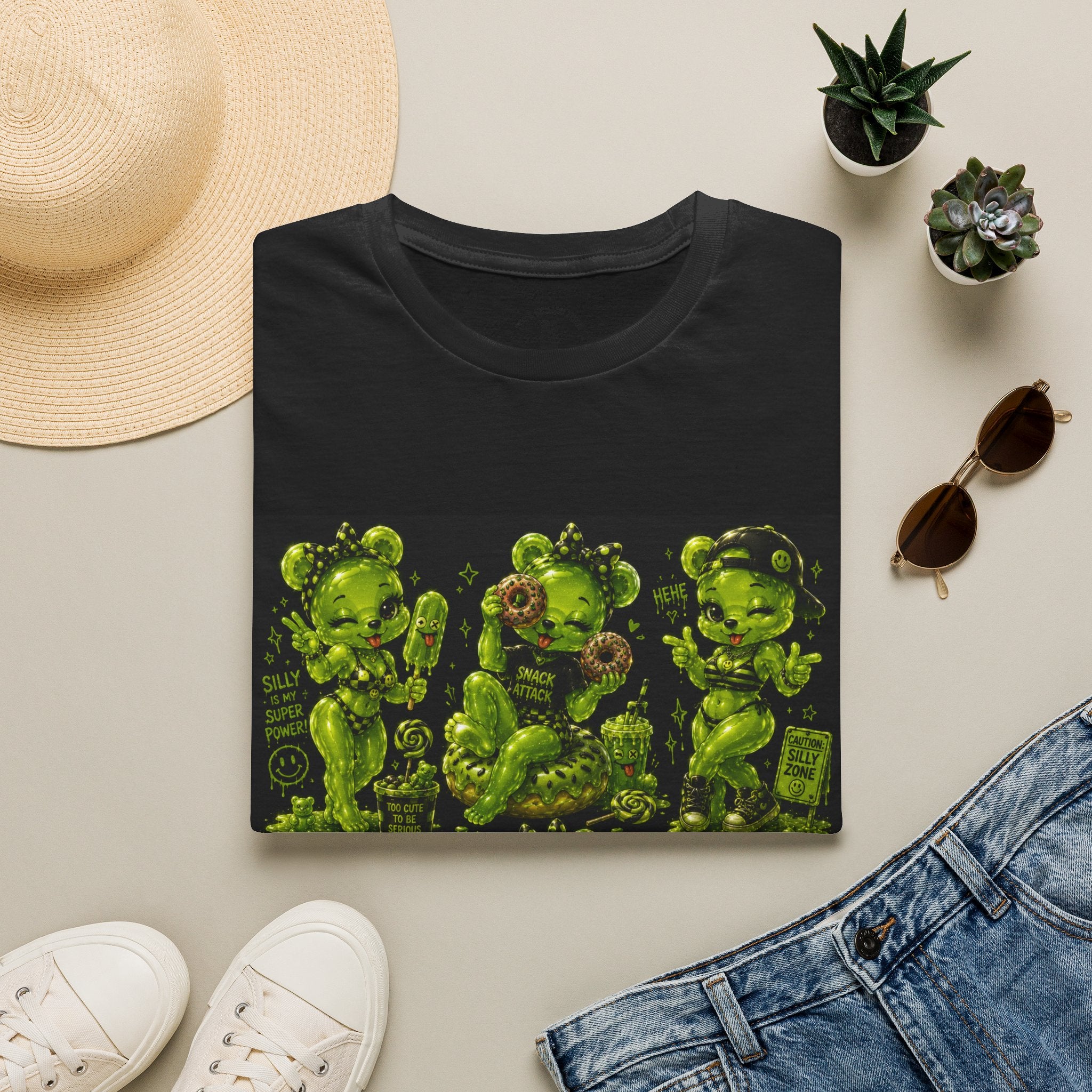 Lime Green Retro Oozy Bear Babe, Beach Pin Up- Adult Graphic Shirt (18+)