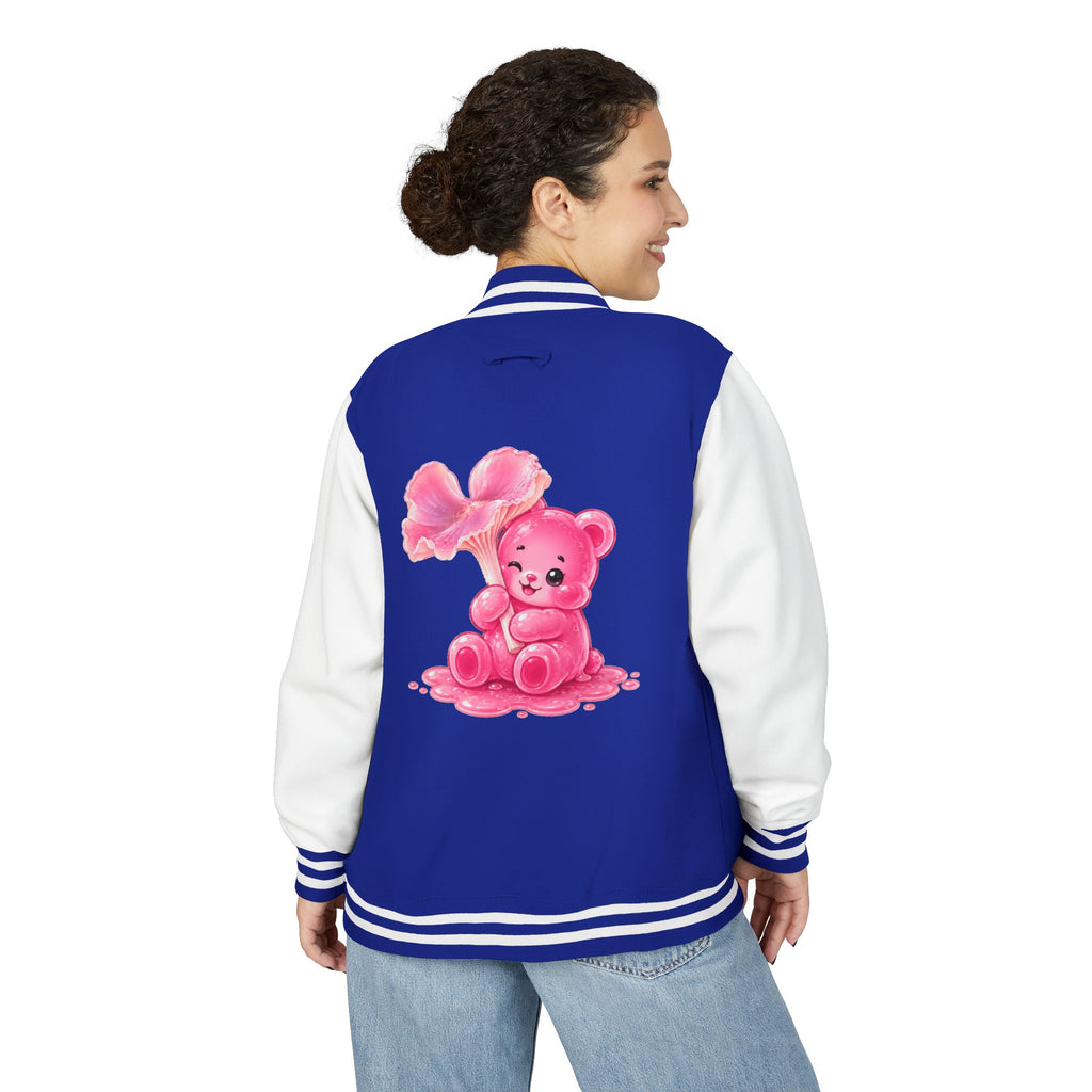 Pink Wax Cap Mushroom, Gooey Gummy Bear Friend — Kawaii Graphic Varsity Jacket