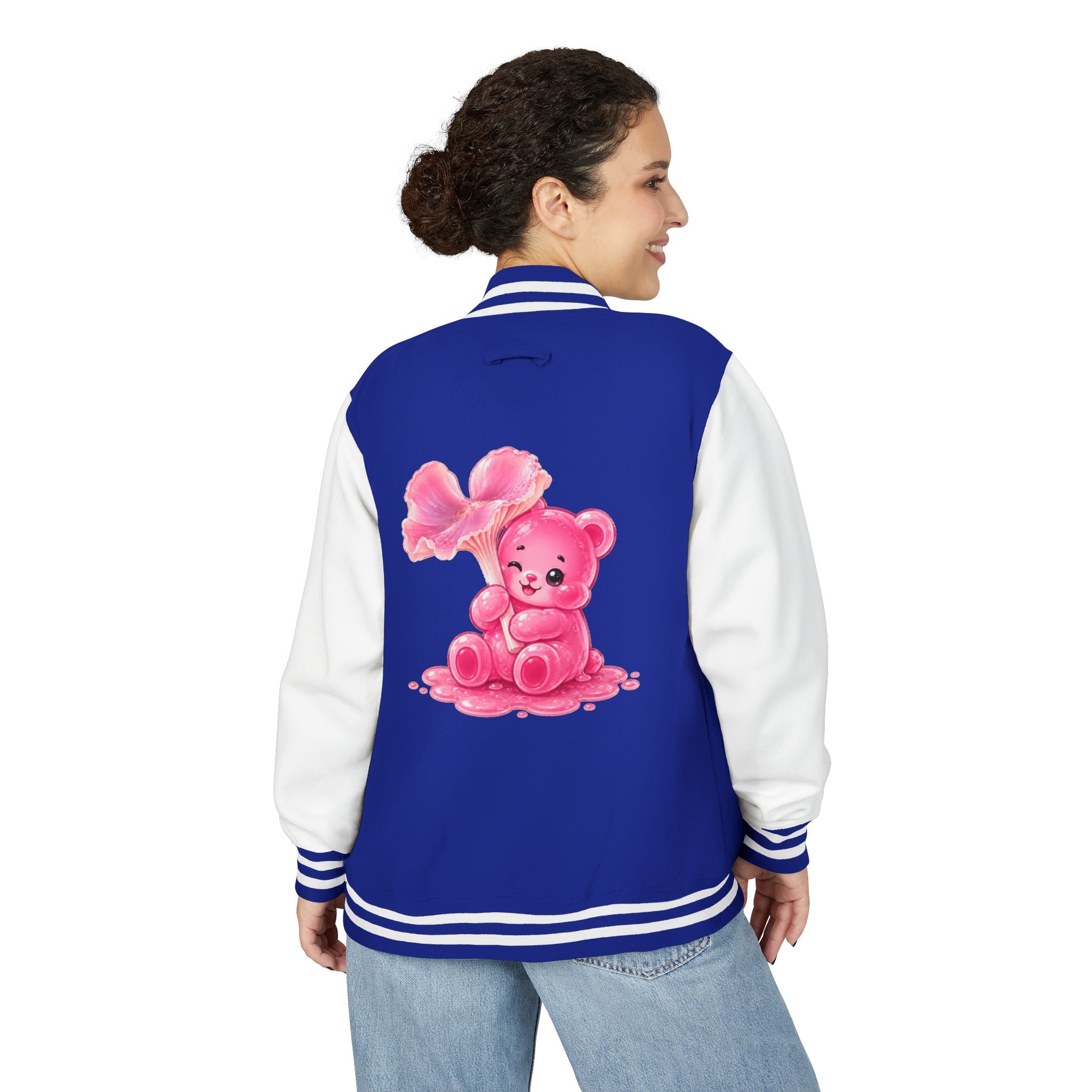 Pink Wax Cap Mushroom, Gooey Gummy Bear Friend — Kawaii Graphic Varsity Jacket