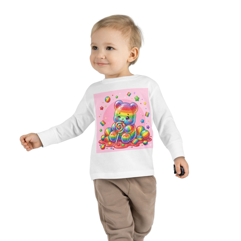 Rainbow Stripe Oozy Bear Gummy Special- Kids Graphic Long Sleeve Shirt