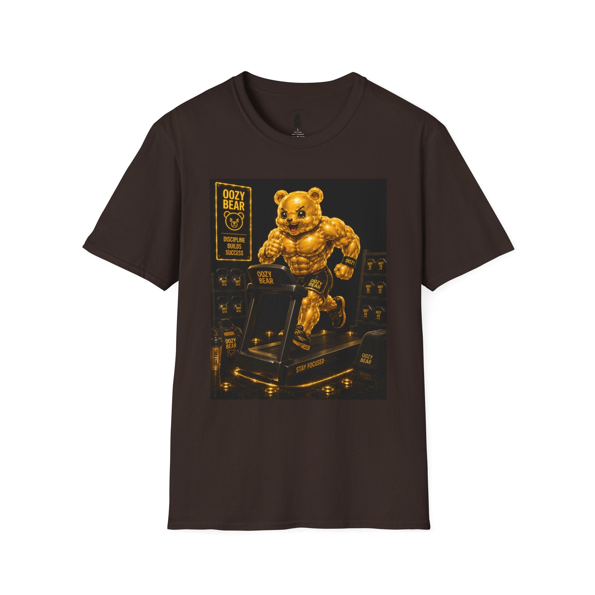 Running The Treadmill, Golden Yellow Oozy Buff Bear Workout- Adult Graphic Shirt