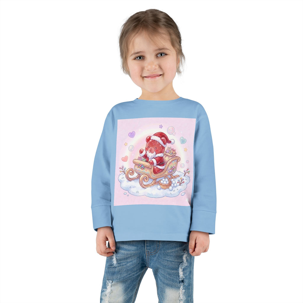Cute Santa Oozy Bear in Sleigh Christmas- Graphic Long Sleeve Shirt
