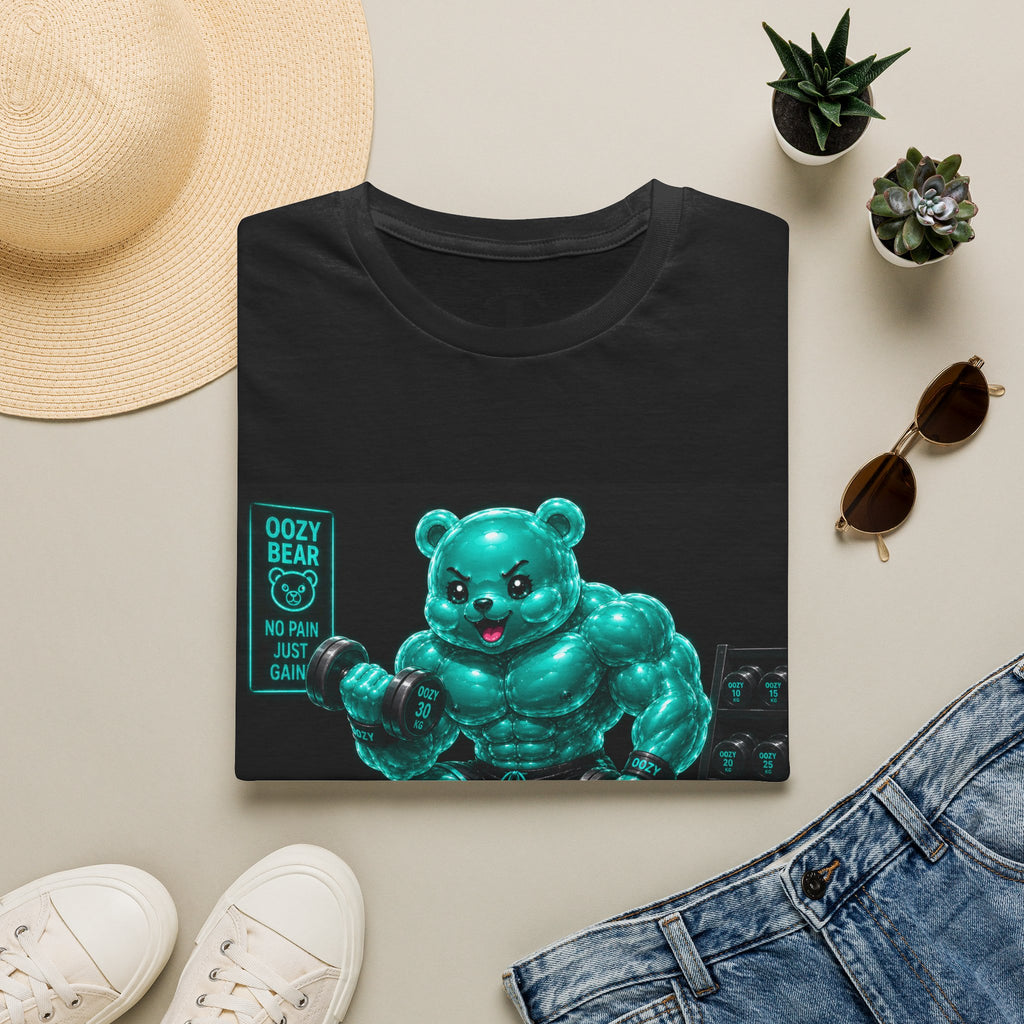 Working Out, Teal Oozy Buff Bear Gummy Gym Addition- Adult Graphic Shirt