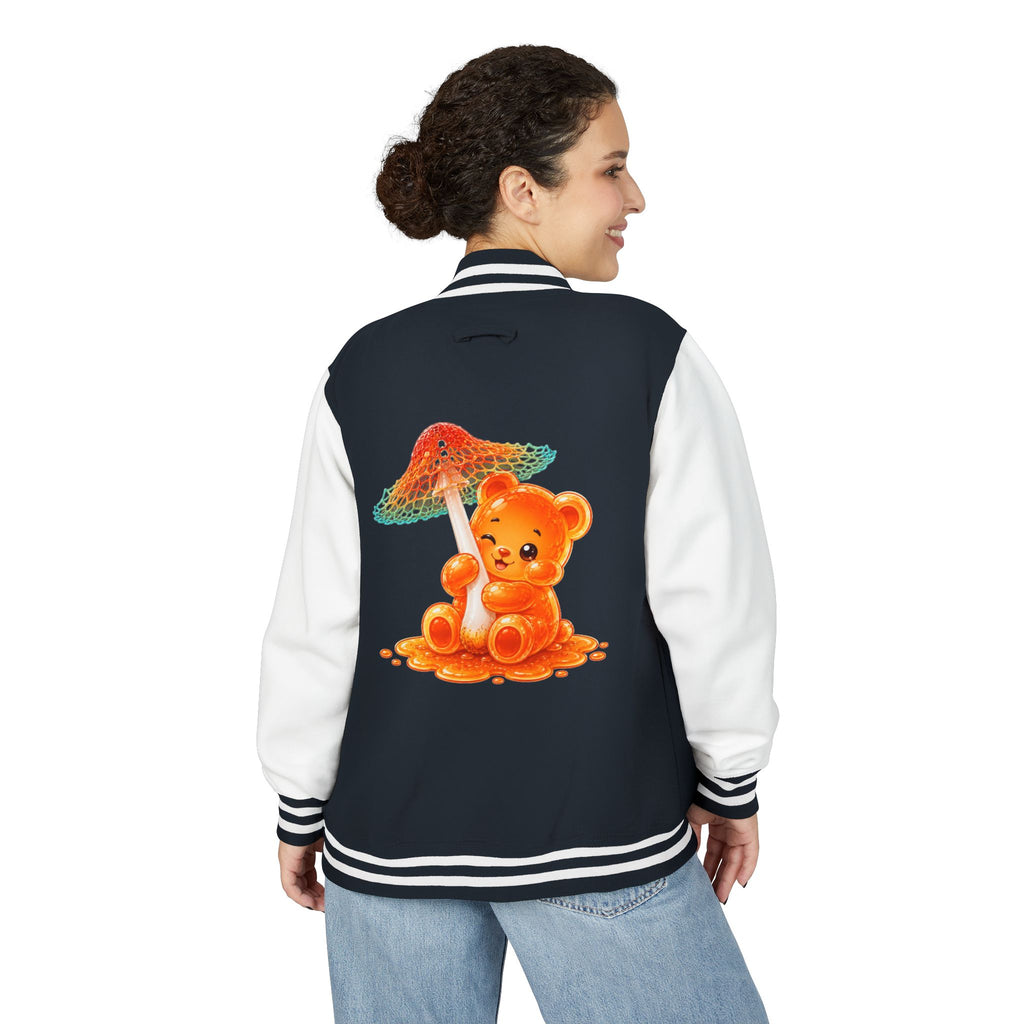Pretty Orange and Teal Mushroom, Gooey Gummy Bear Friend — Kawaii Graphic Varsity Jacket
