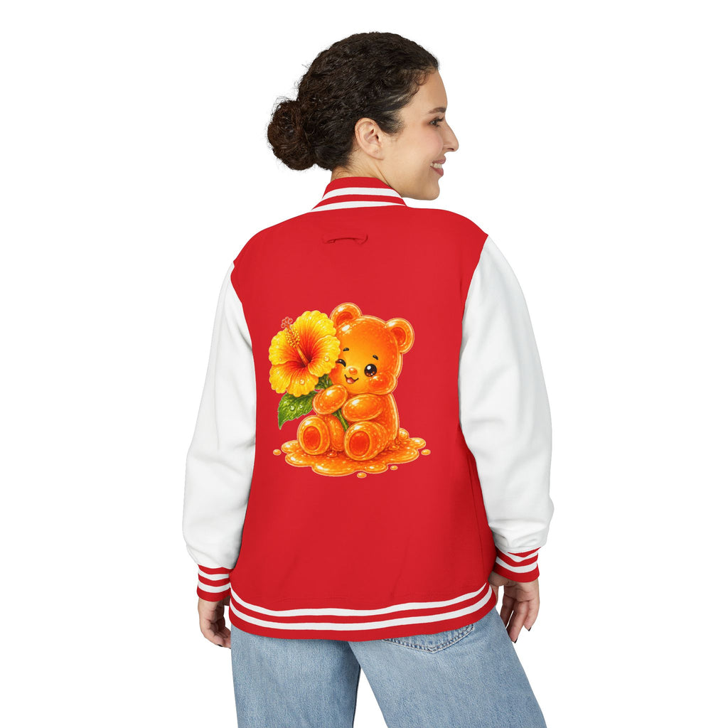 Golden Hibiscus, Yellow Gooey Gummy Bear Friend- Kawaii Varsity Jacket