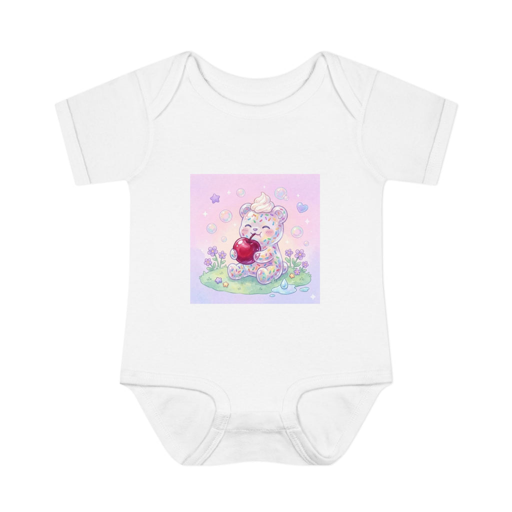 Gooey Gummy Birthday Sprinkles Cake bear eating a Cherry- Infant Onesie