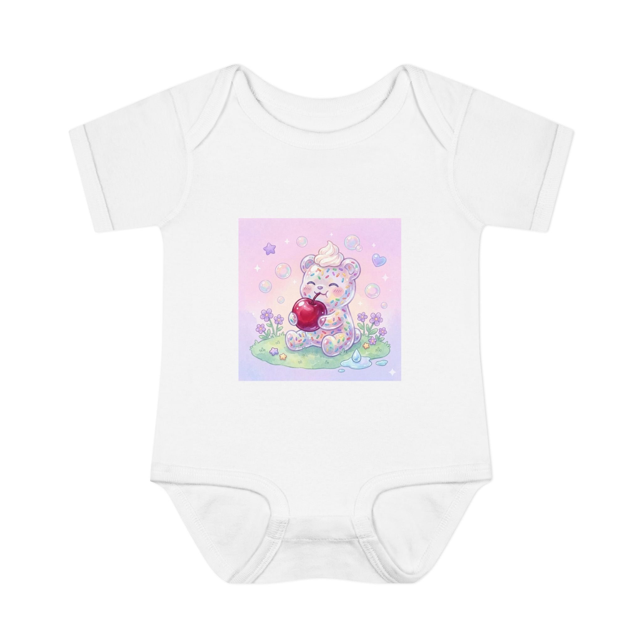 Gooey Gummy Birthday Sprinkles Cake bear eating a Cherry- Infant Onesie