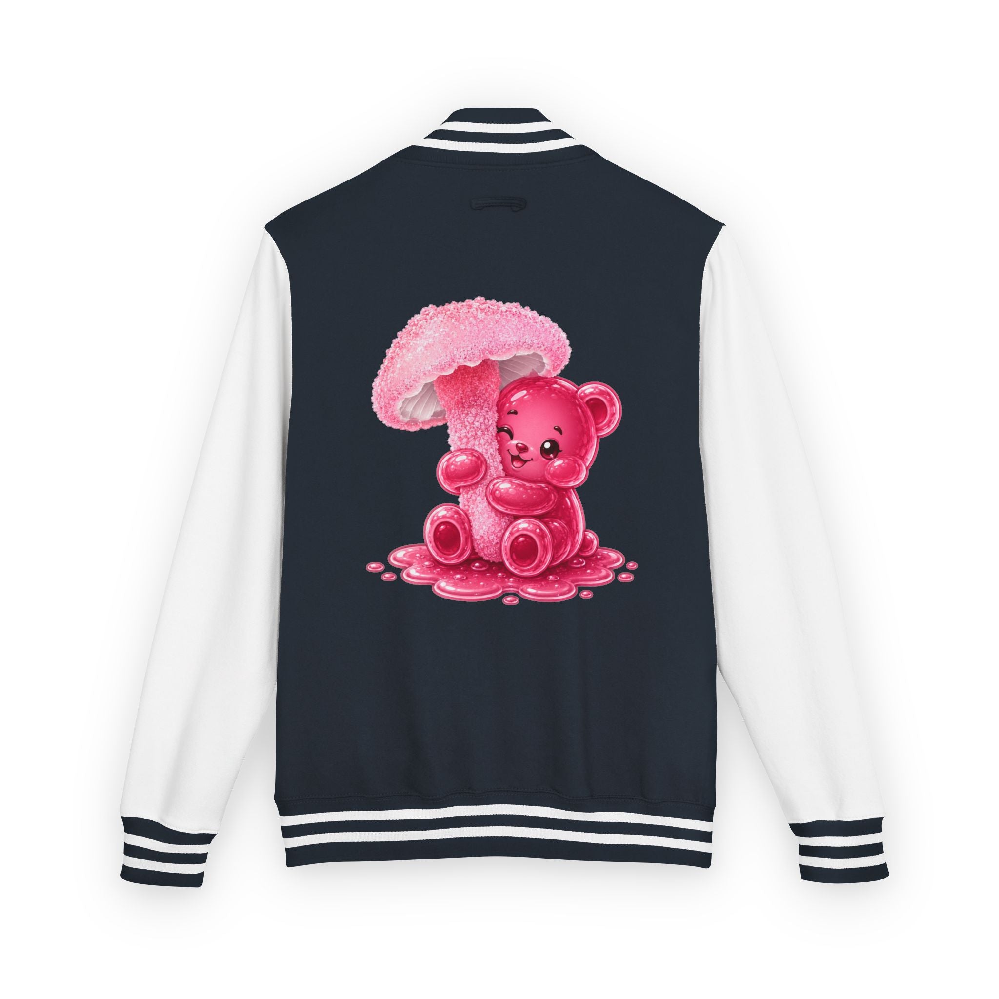 Pretty Pink Mushroom, Gooey Gummy Bear Friend —  Kawaii Graphic Varsity Jacket