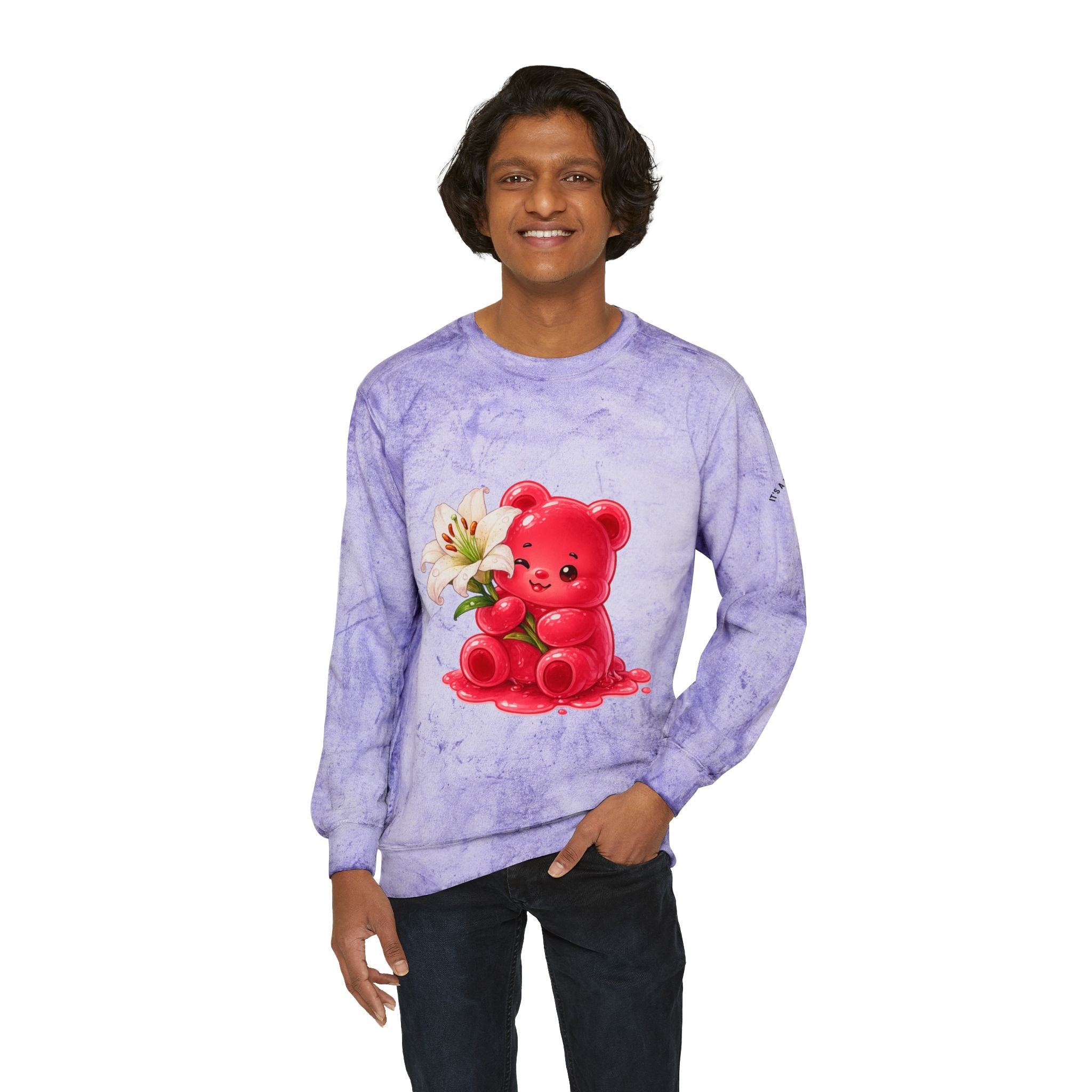 White Lily, Red Gooey Gummy Bear Friend- Graphic Tye-Dye Sweatshirt
