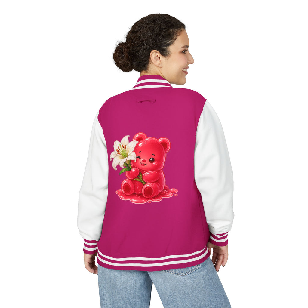 White Lilies, Red Gooey Gummy Friend — Kawaii Graphic Varsity Jacket