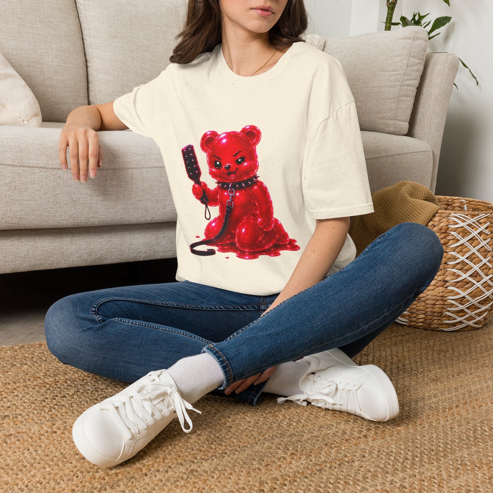 Crimson Red Oozy Bear Gummy Freak with Spank Paddle- Graphic Shirt (Adult Only!)