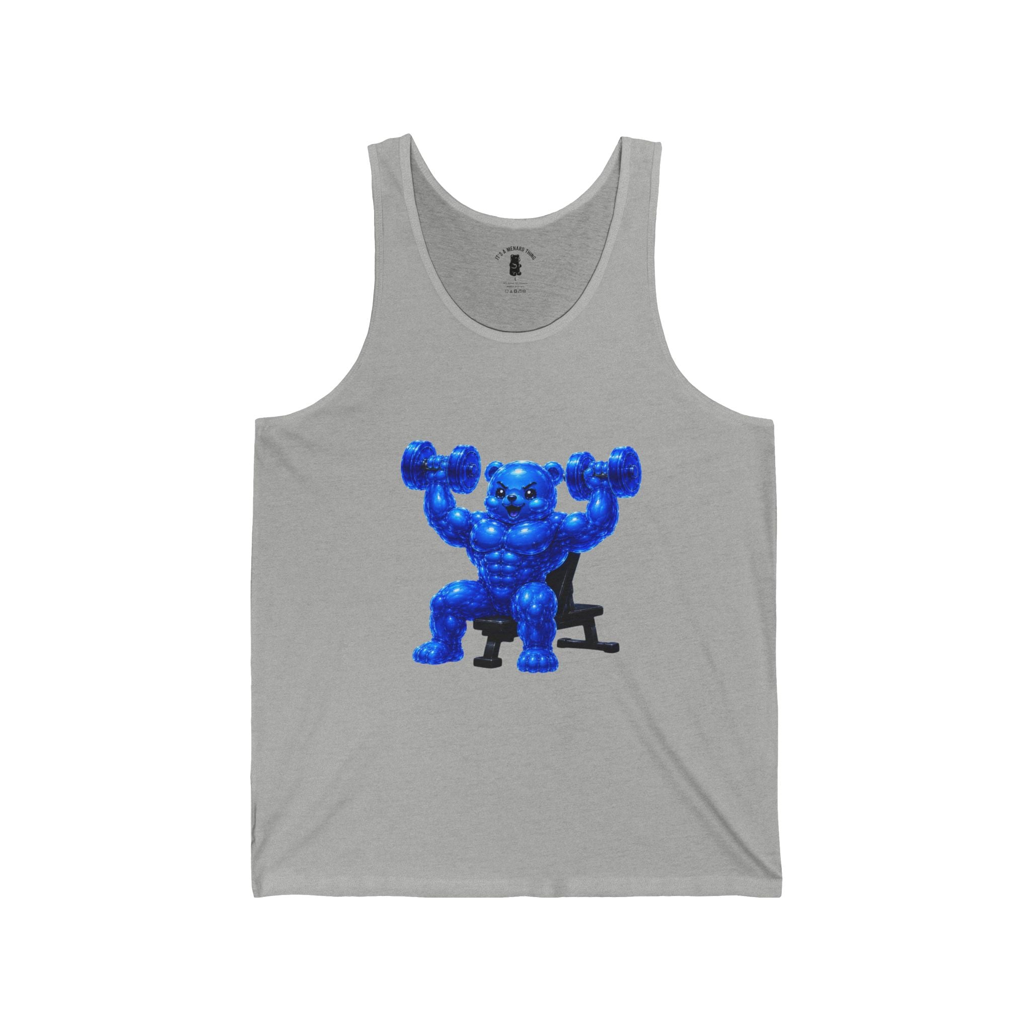 Weight Lifting, Deep Blue Oozy Buff Bear Gummy Gym Addition- Adult Graphic Tank Top