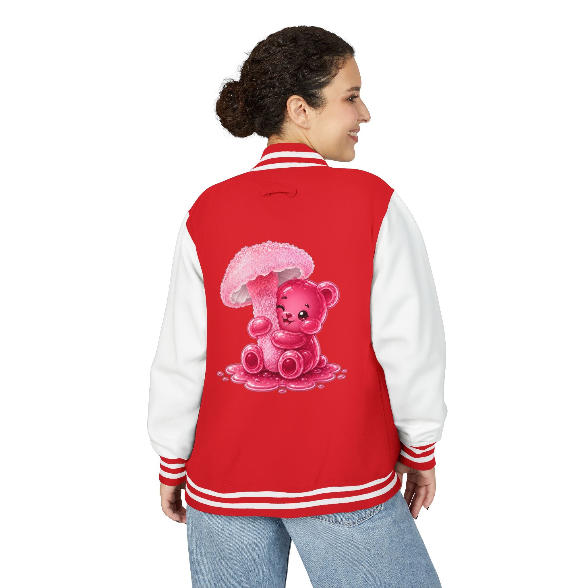 Pretty Pink Mushroom, Gooey Gummy Bear Friend —  Kawaii Graphic Varsity Jacket