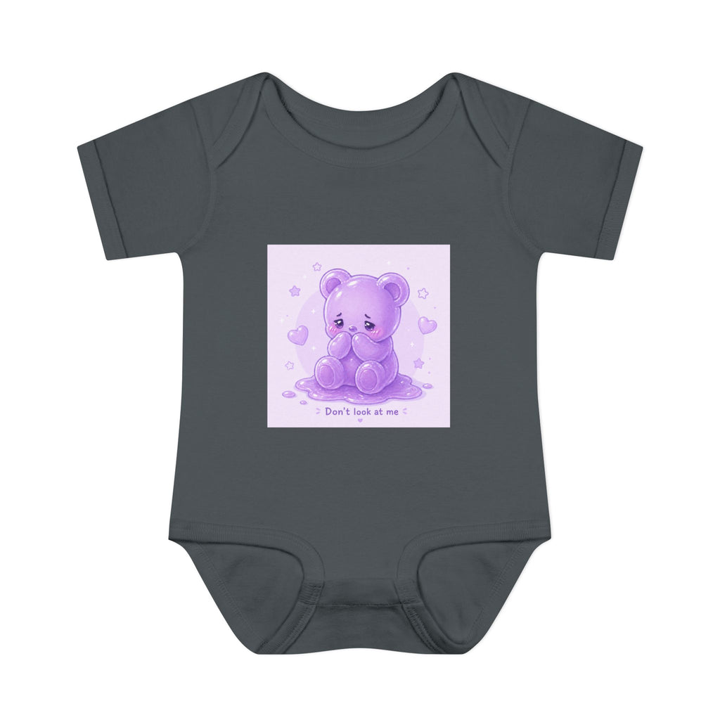Purple Gooey Gummy Shy bear Baby Bodysuit - "Don't Look at Me" Cute Infant Onesie