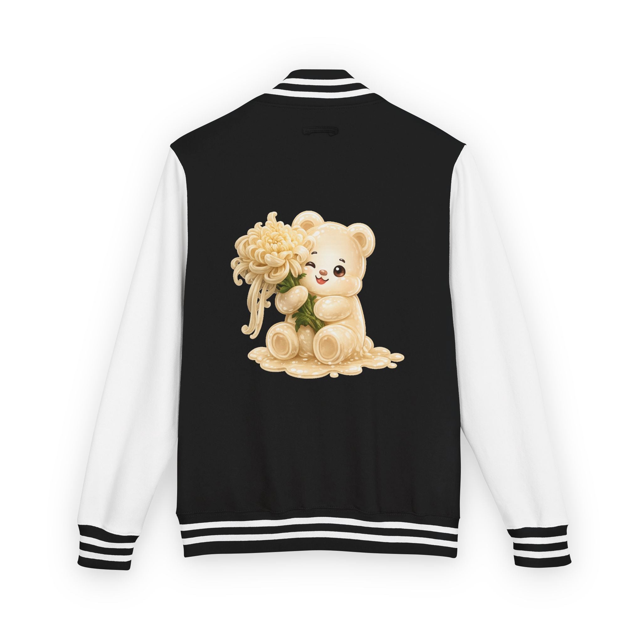 Creamy White Chrysanthemum Flower Addition, White Oozy Bear Gummy Friend- Lettermen Graphic Jacket