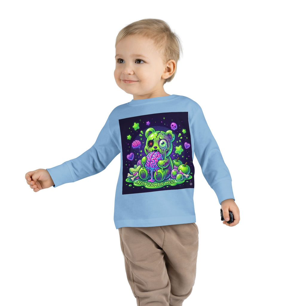 Neon Zombie Oozy Bear Gummy Halloween Addition- Kids Graphic Long Sleeve Shirt
