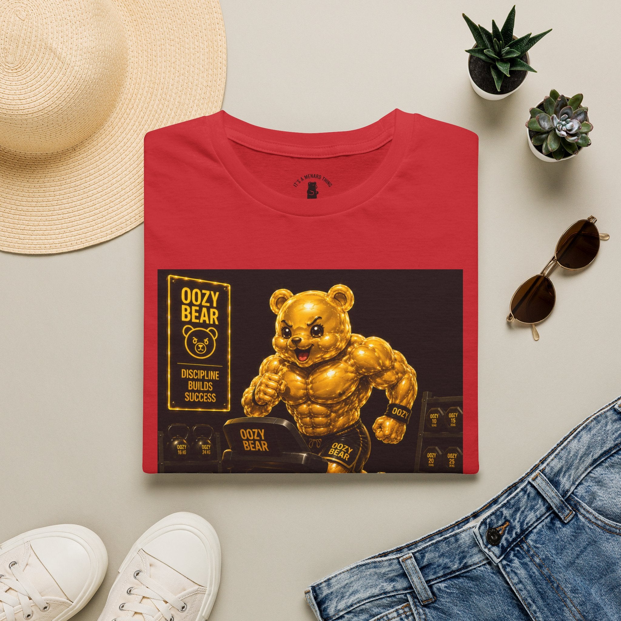 Running The Treadmill, Golden Yellow Oozy Buff Bear Workout- Adult Graphic Shirt