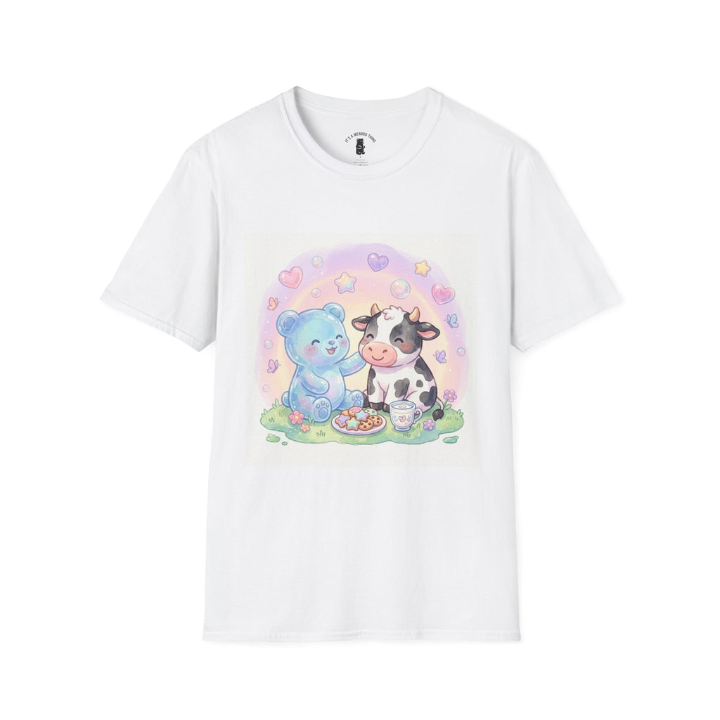 Blue Gooey Gummy Friend sharing Milk & Cookies — Pastel Graphic T-Shirt